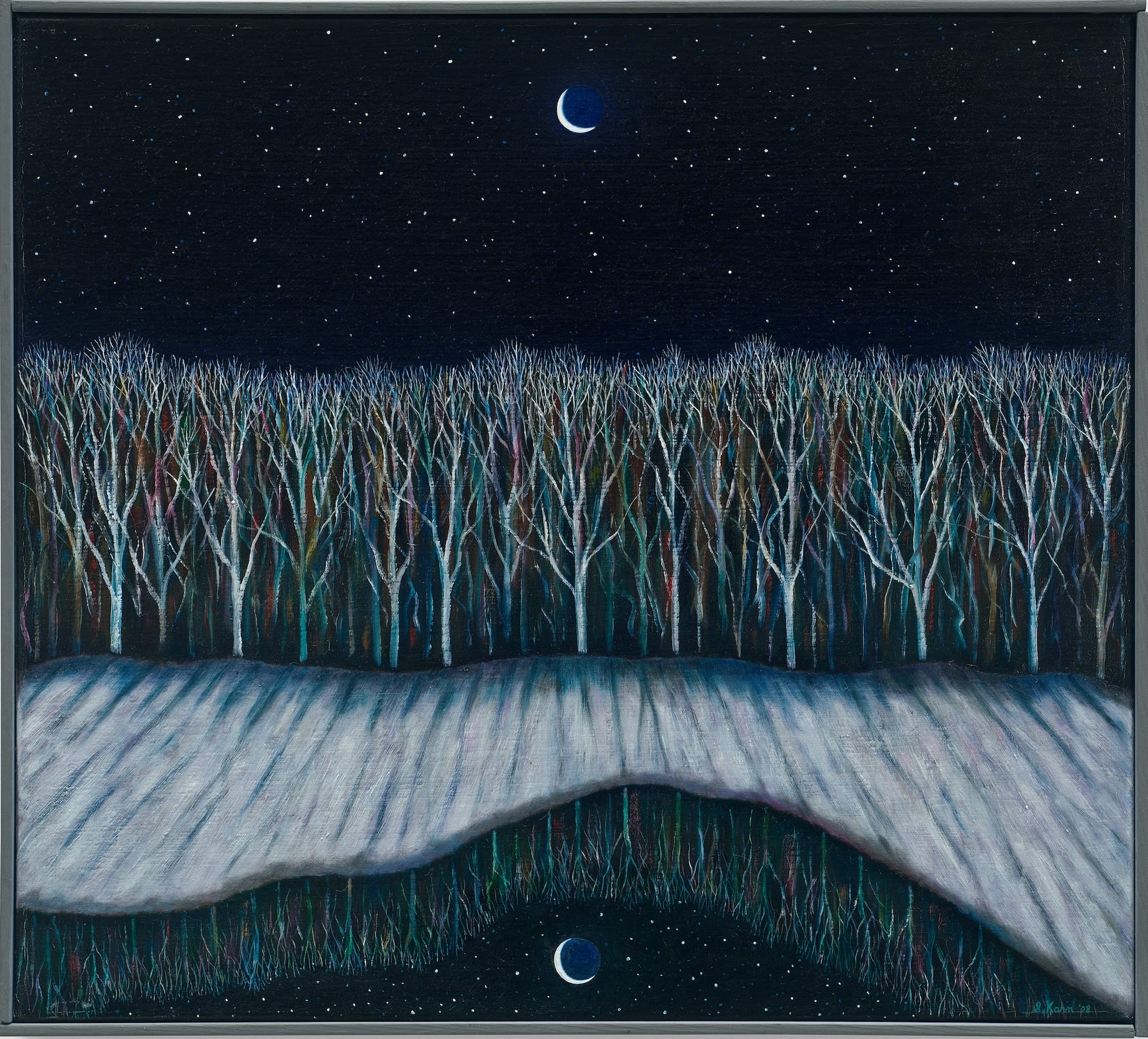 a nighttime painting of a field with trees and a new moon