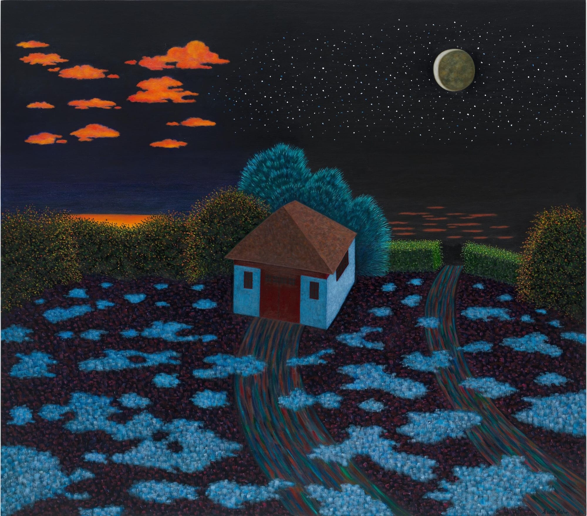 a nighttime painting of a small house nestled beside some trees beneath a glowing sky with clouds and snow-spotted ground