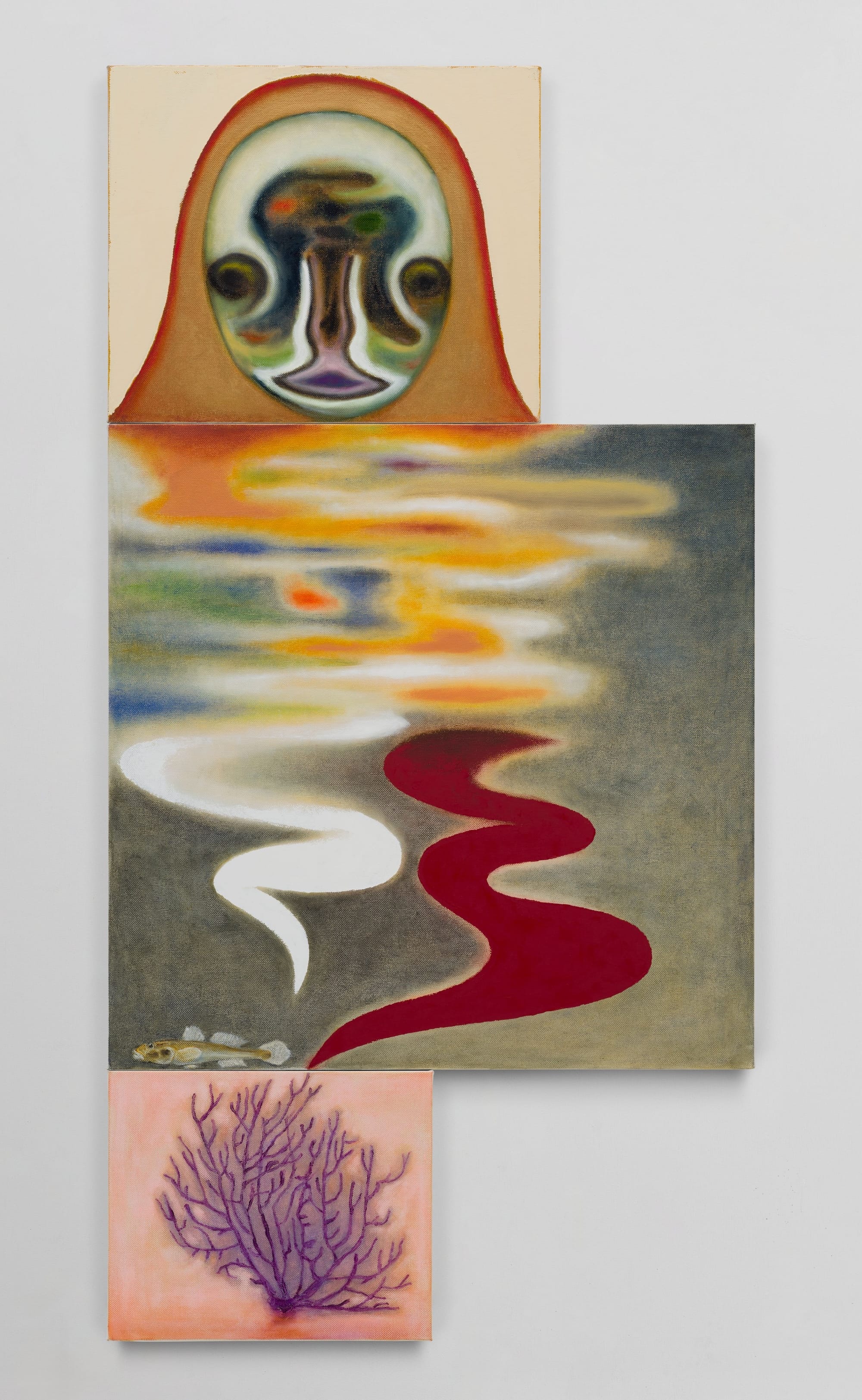 a painting by Izumi Kato of an abstract, surreal figure comprising three canvases stacked together