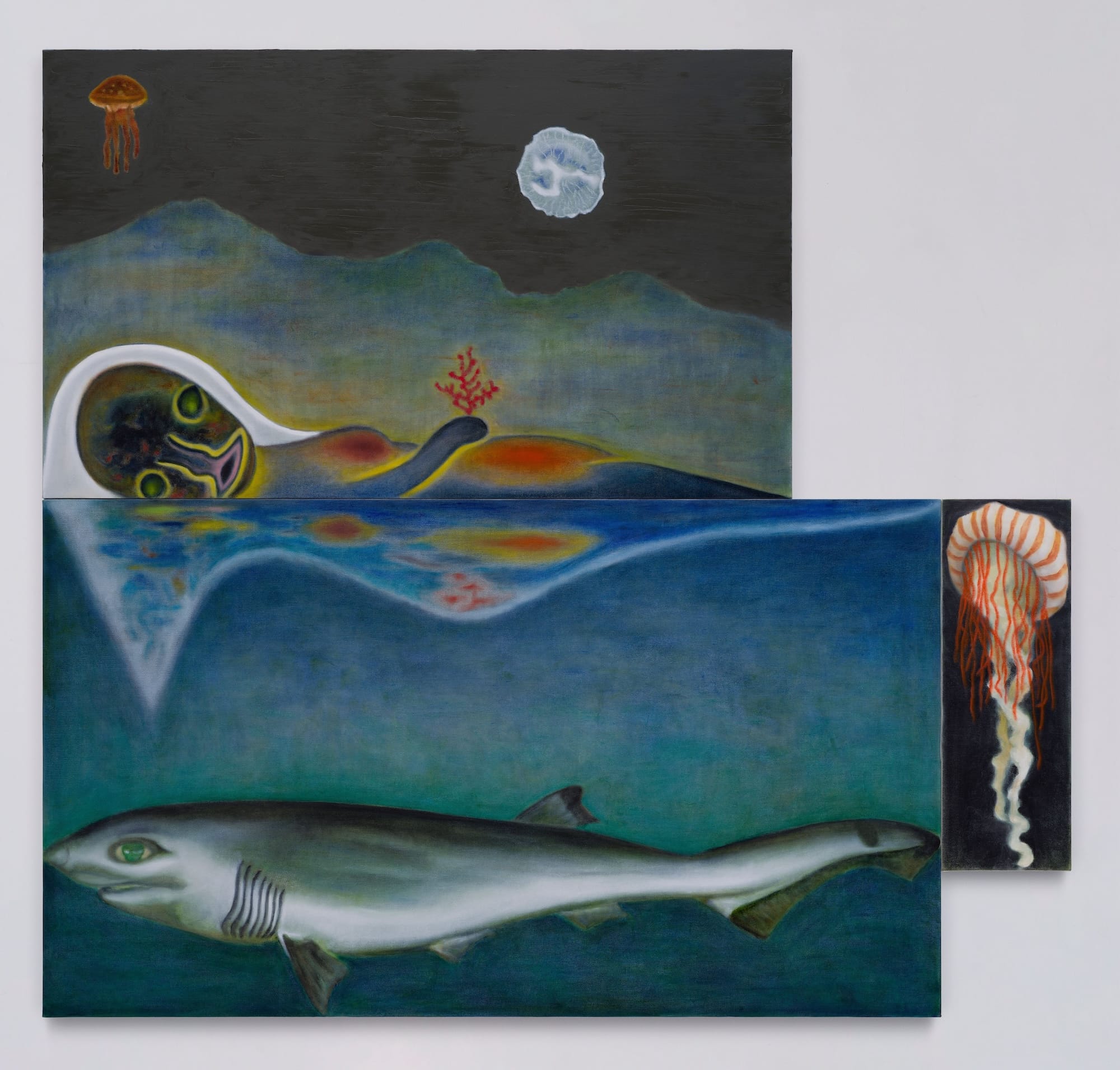 a painting by Izumi Kato of an abstract, surreal figure comprising three canvases stacked together