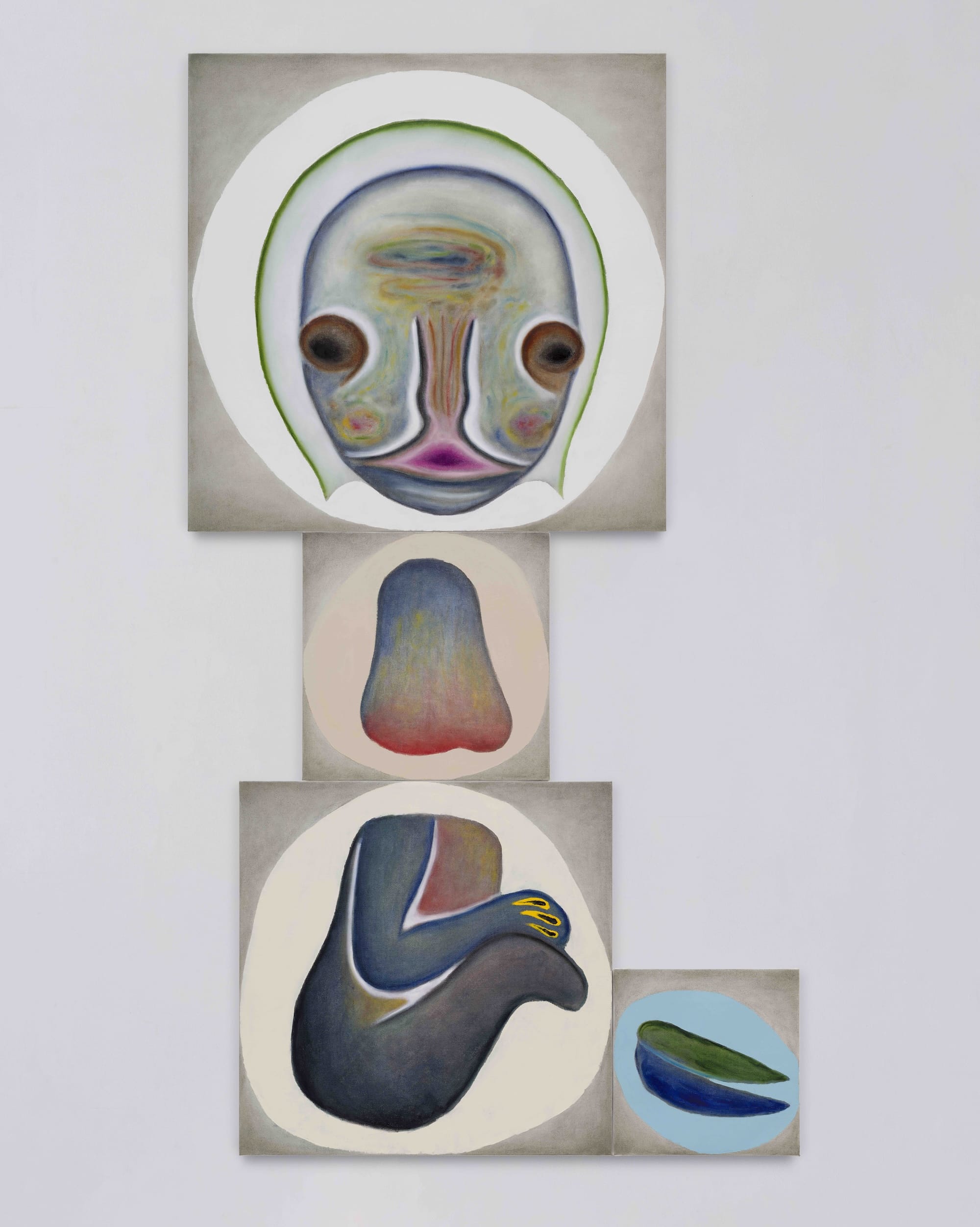 a painting by Izumi Kato of an abstract, surreal figure comprising four canvases stacked together