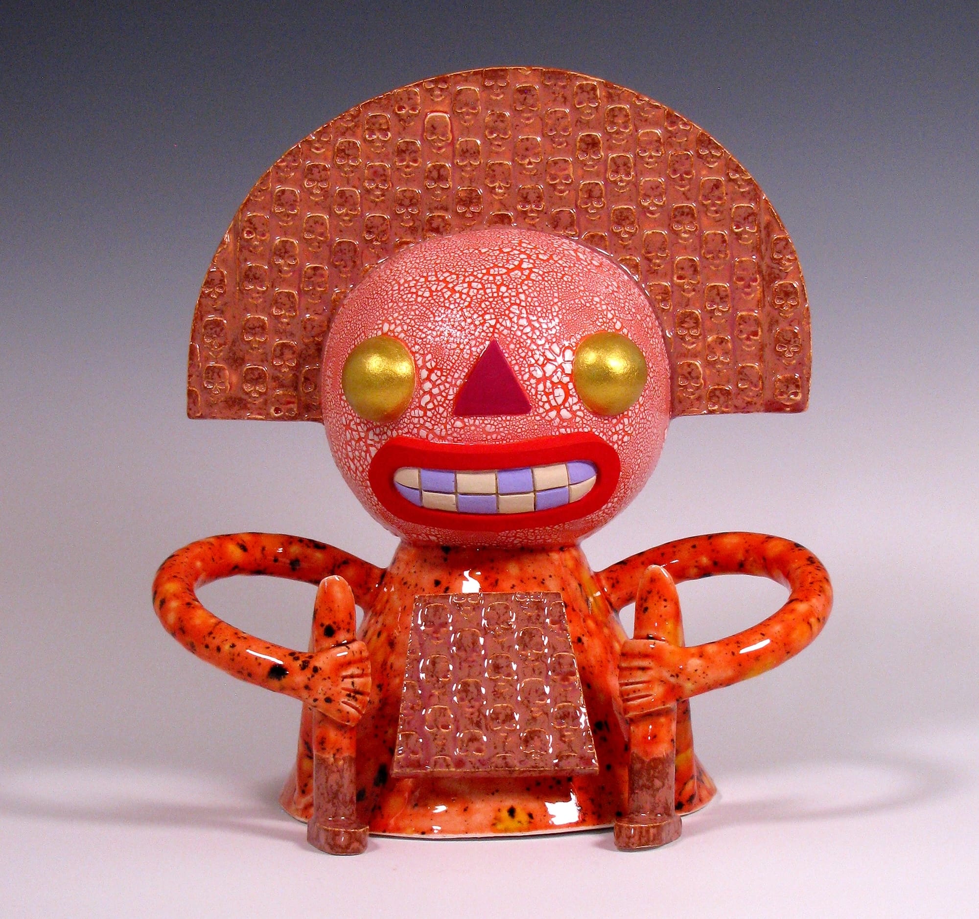 a colorful, abstract, ceramic sculpture of a cartoonish figure by Max Lehman inspired by ancient Mayan carvings