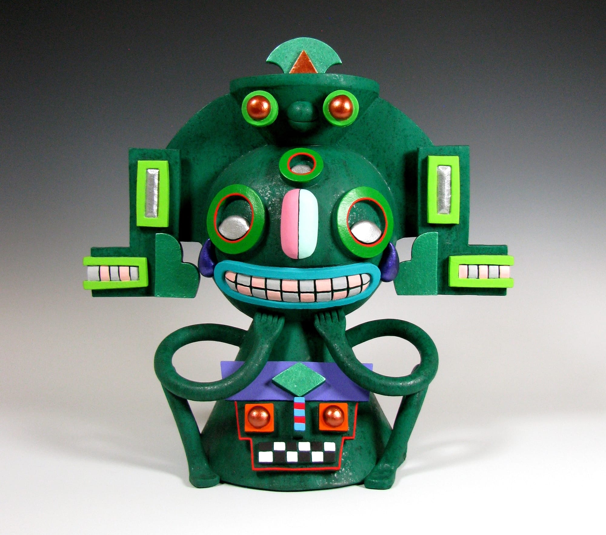 a colorful, abstract, ceramic sculpture of a cartoonish figure by Max Lehman inspired by ancient Mayan carvings