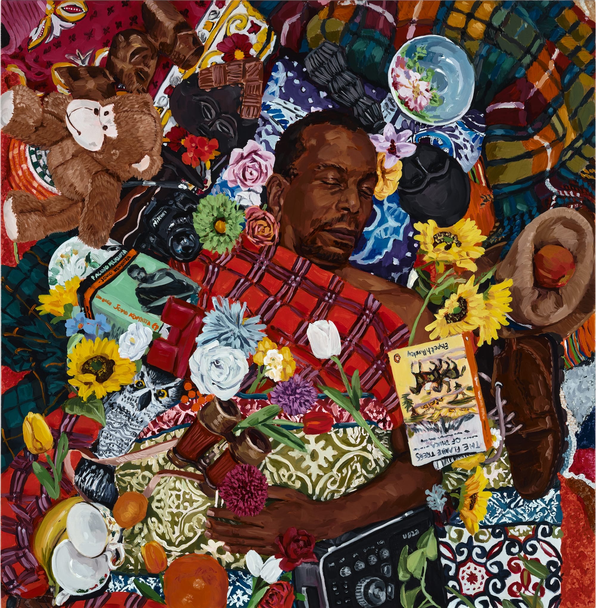 a detailed painting of a a Black man with his eyes closed, wrapped in red tartan and surrounded by numerous objects