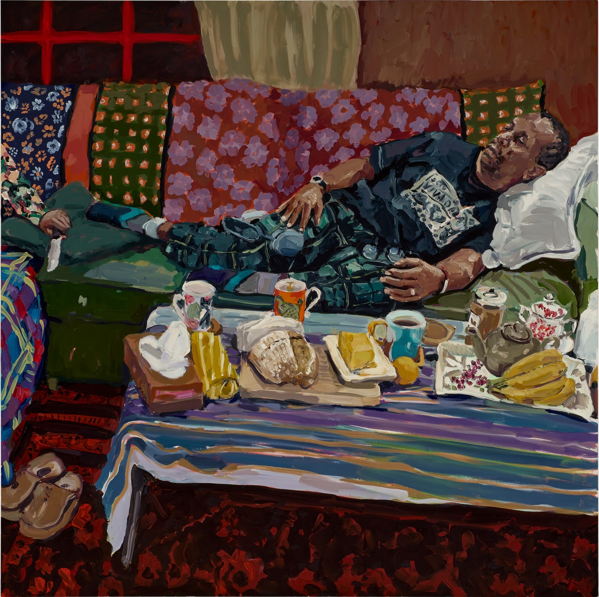 a detailed painting of an imagined domestic interior featuring a Black man napping on a couch with numerous objects on a coffee table in front of him