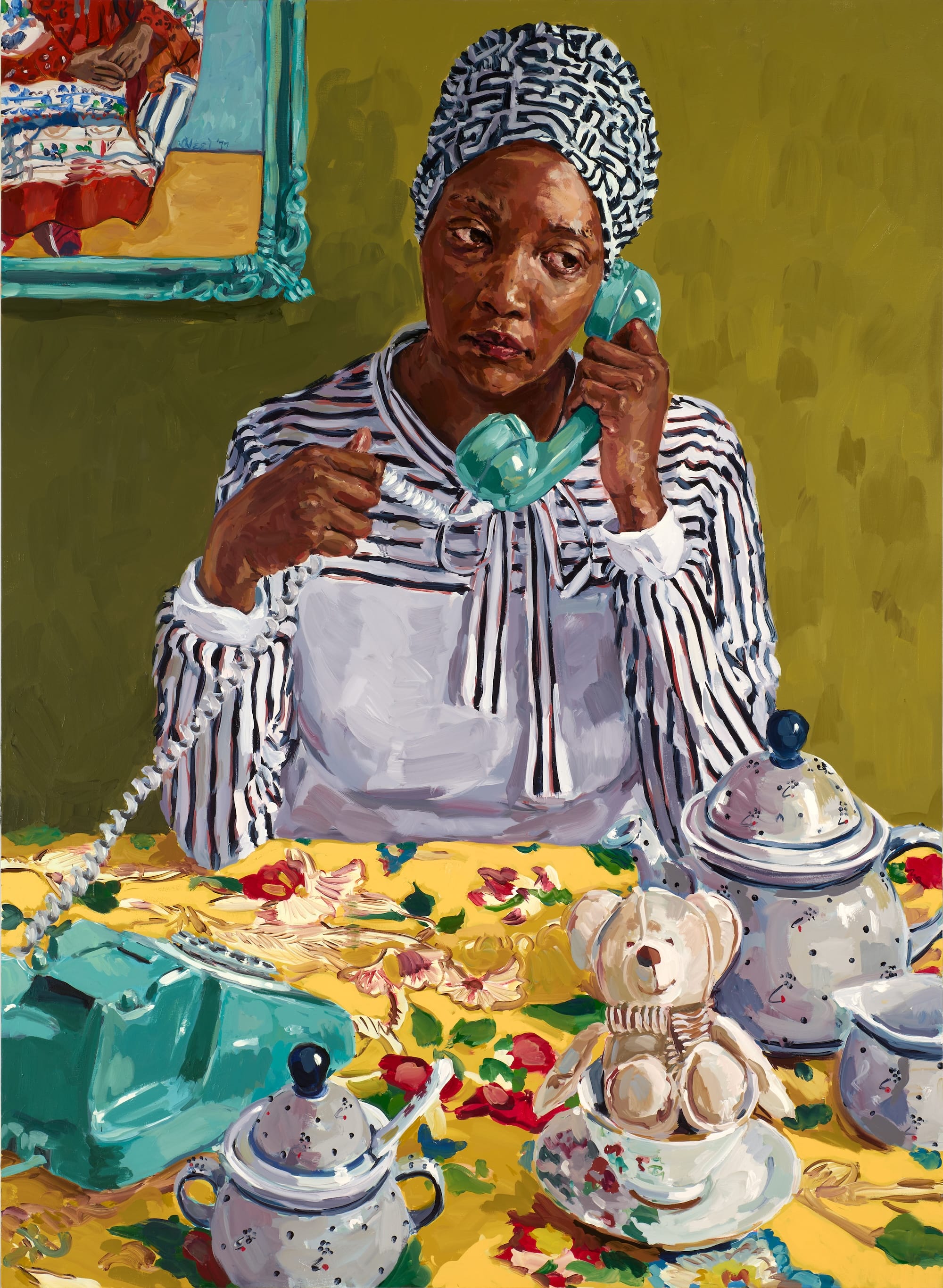 a painting of a Black woman at a table with tea and other objects in front of her, talking on a turquoise phone