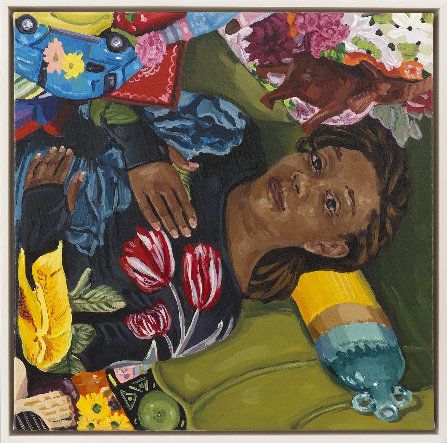a detailed painting of a Black woman laying amid numerous objects and toys, looking up at the viewer