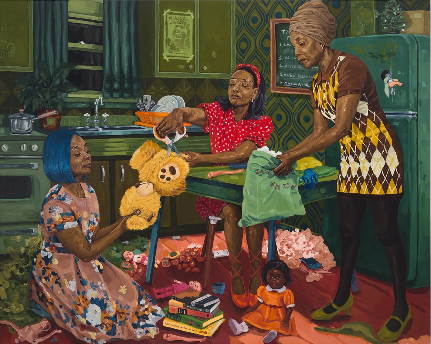 a detailed painting of an imagined kitchen in Kenya in the 1960s centering on three Black women in colorful dresses surrounded by toys