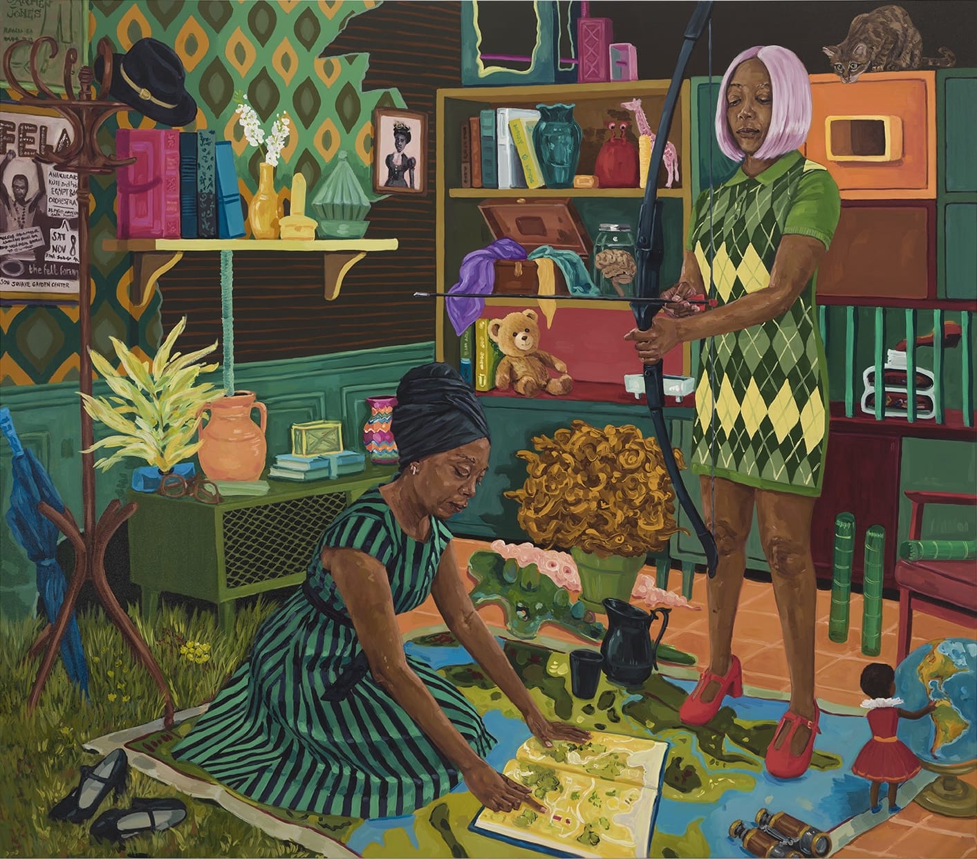 a detailed painting of an imagined domestic interior in Kenya in the 1960s centering on two Black women in colorful dresses surrounded by toys, books, and other objects