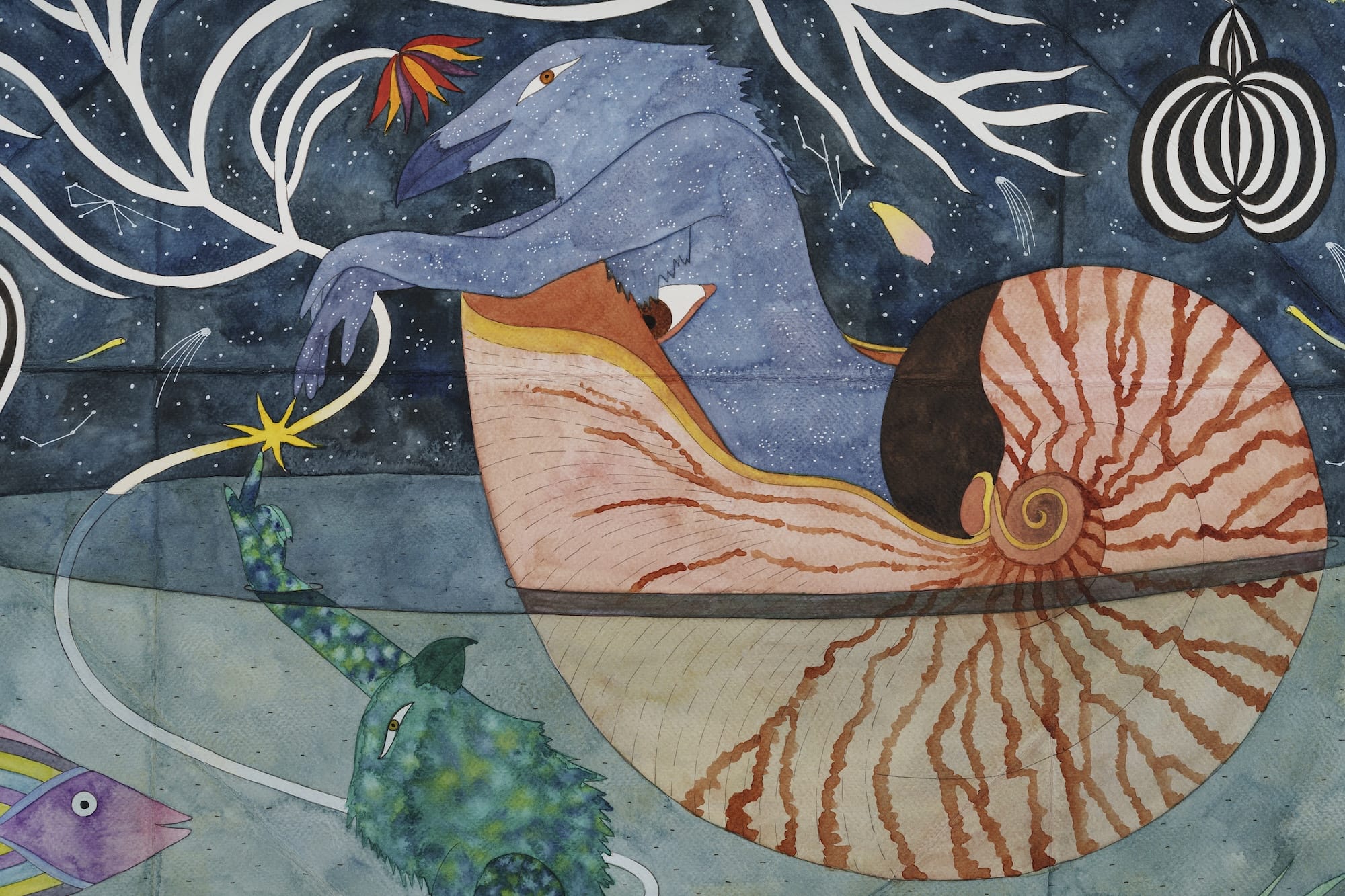 a detail of a fantastical painting featuring a hybrid creature inside of a nautilus shell, holding onto some metaphysical tendrils in the sky and floating in a pool of water