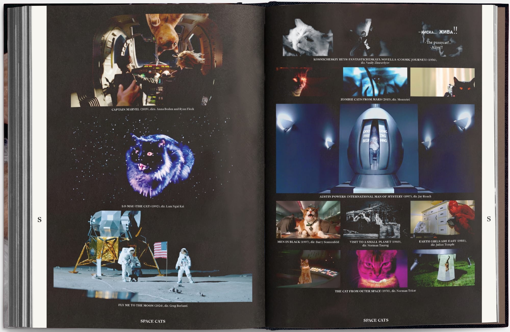 an open book spread of stills from films with cats in space