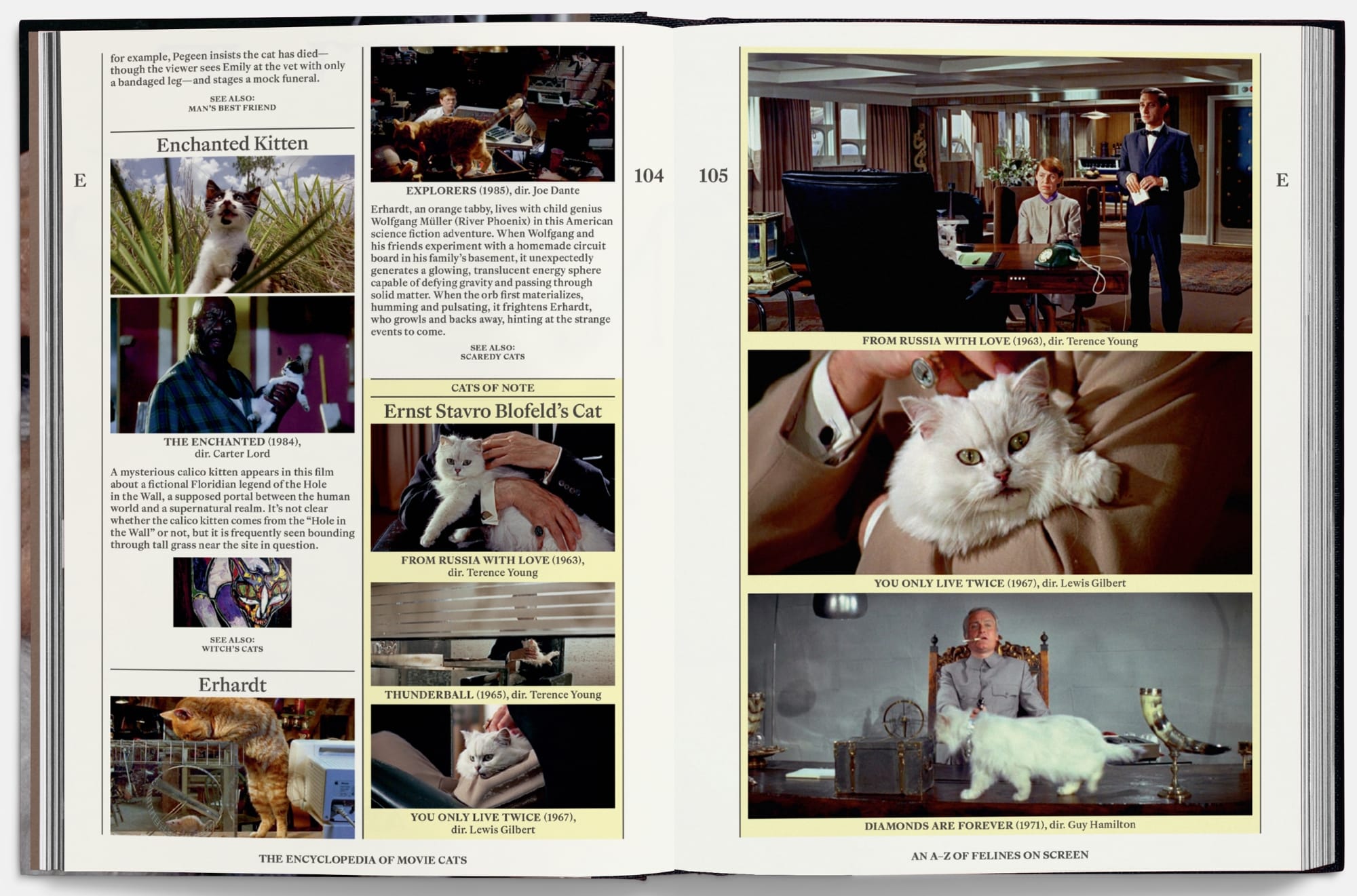 an open book spread of stills from films with cats
