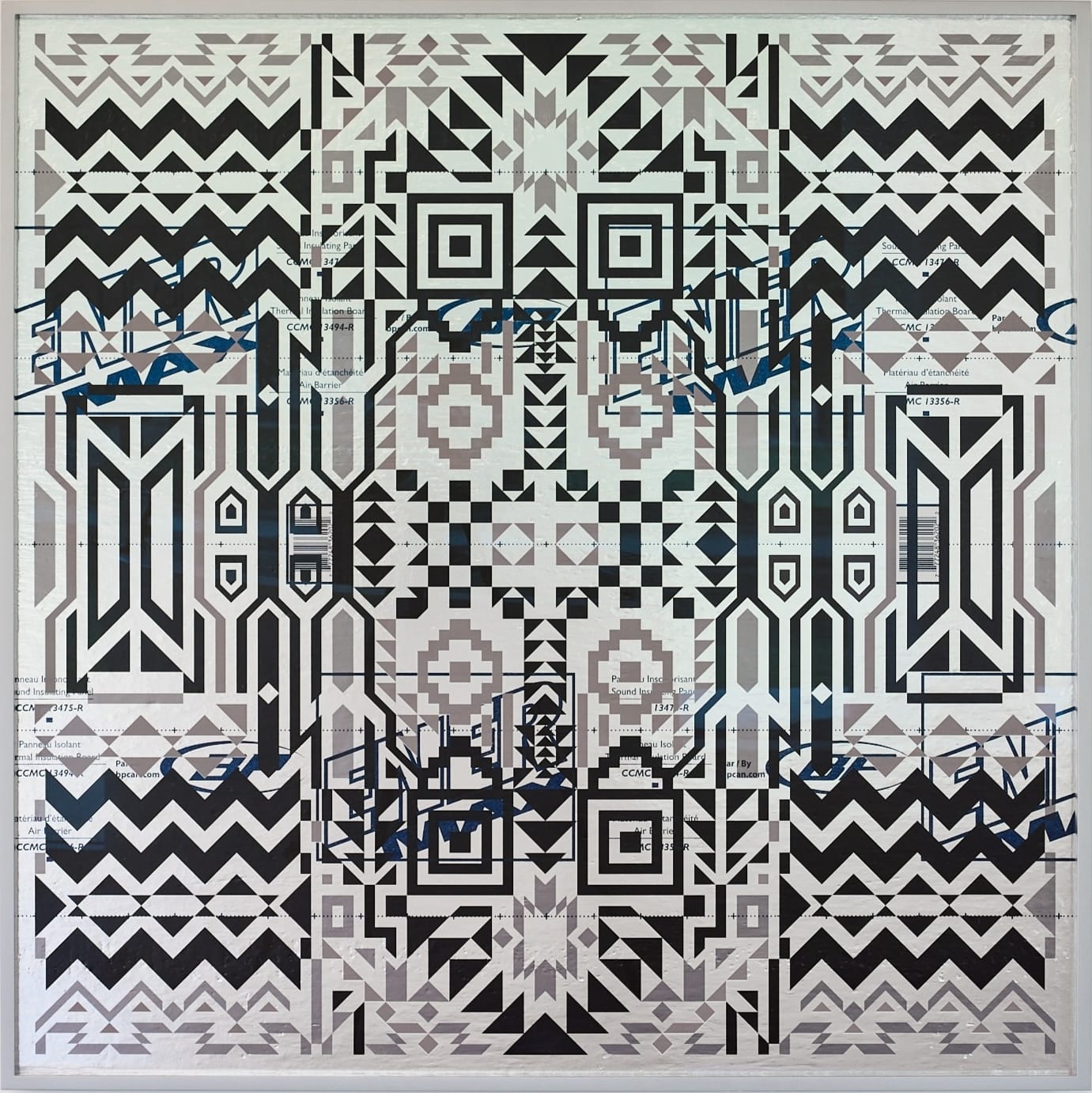 an abstract, geometric artwork by Caroline Monnet with a reflective surface