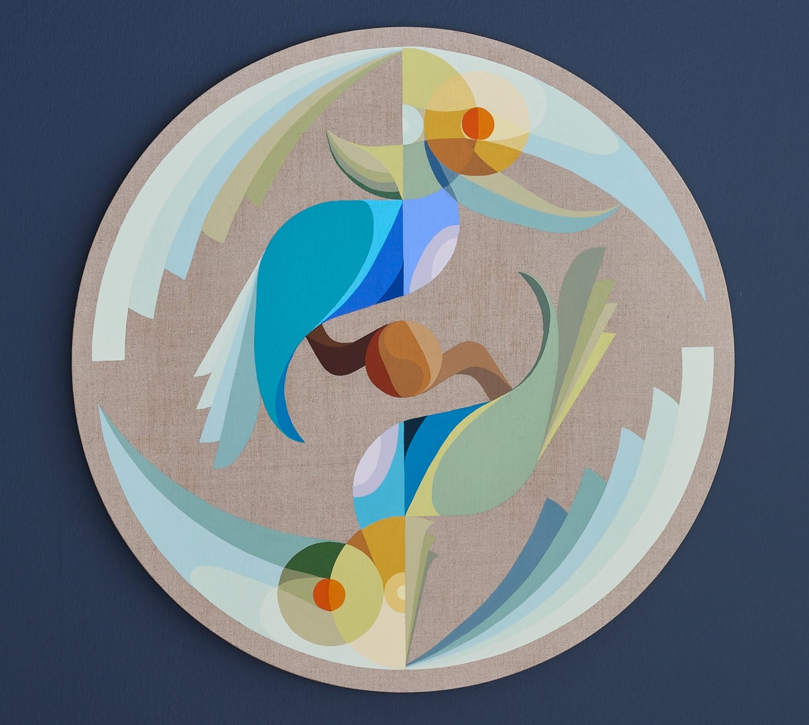 a small tondo by Eamon Ore-Giron featuring a geometric, colorful bird