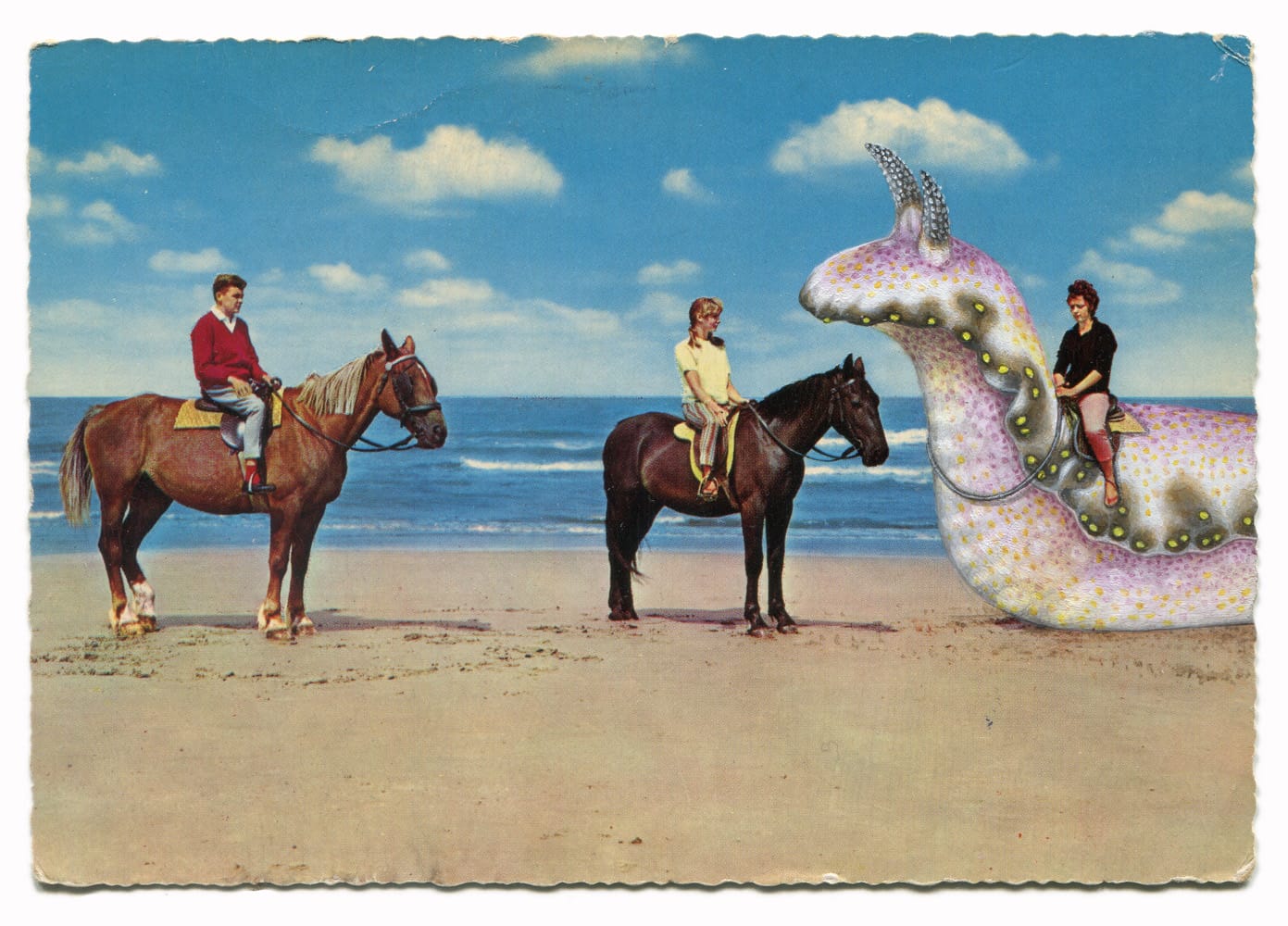 a painting by Rose Sanderson on a vintage postcard of a person riding a slug on a beach next to people riding horses