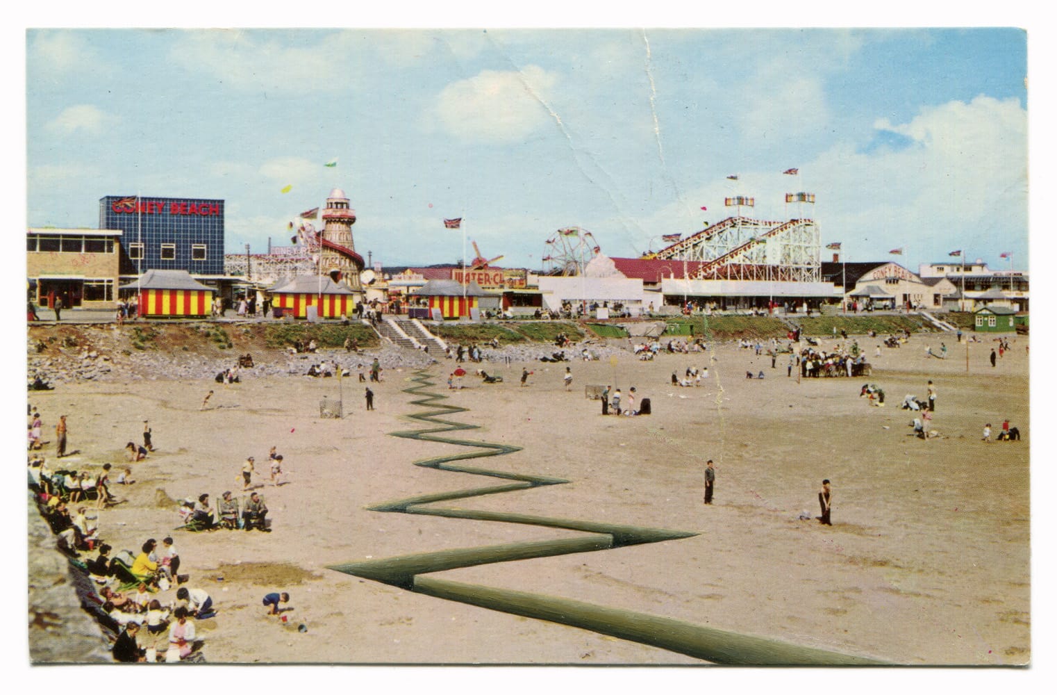 a painting by Rose Sanderson on a vintage postcard of a zigzag fissure through a beach