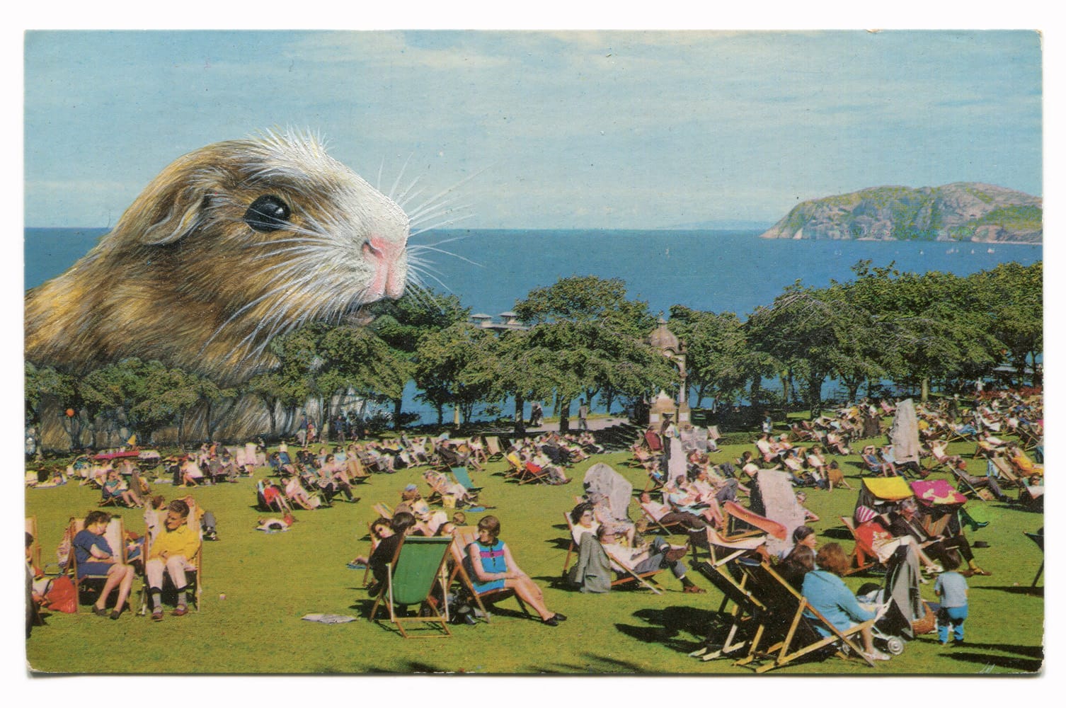 a painting by Rose Sanderson on a vintage postcard of an enormous rodent peering over a lakeside park