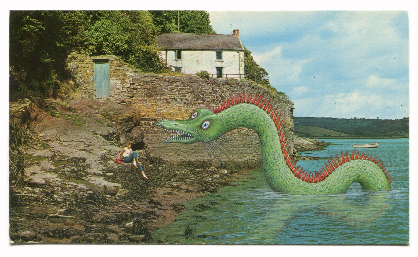 a painting by Rose Sanderson on a vintage postcard of a green monster emerging from the sea