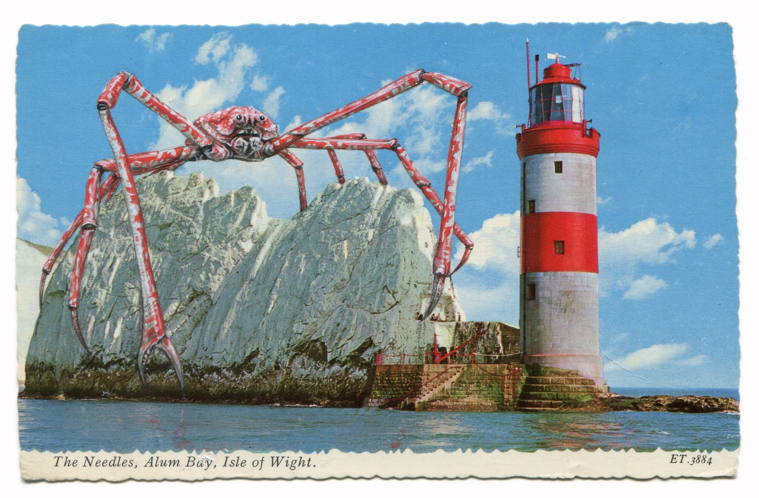 a painting by Rose Sanderson on a vintage postcard of an enormous spider on an ice berg
