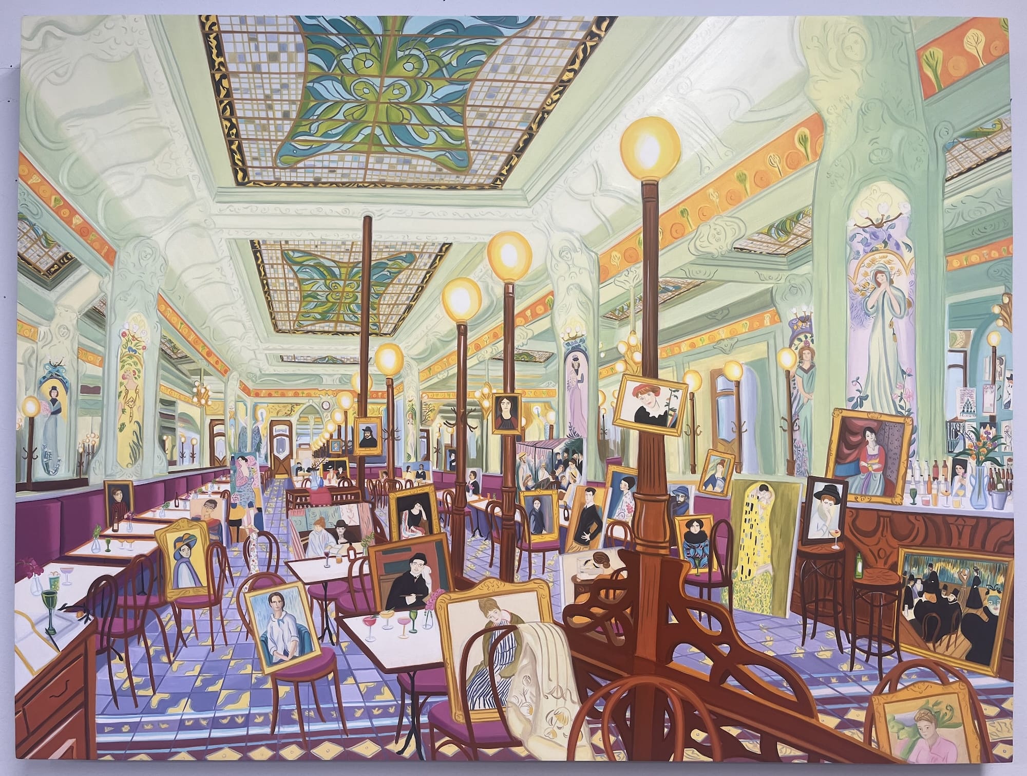 a detailed oil painting of an ornate French cafe filled with paintings and other objects
