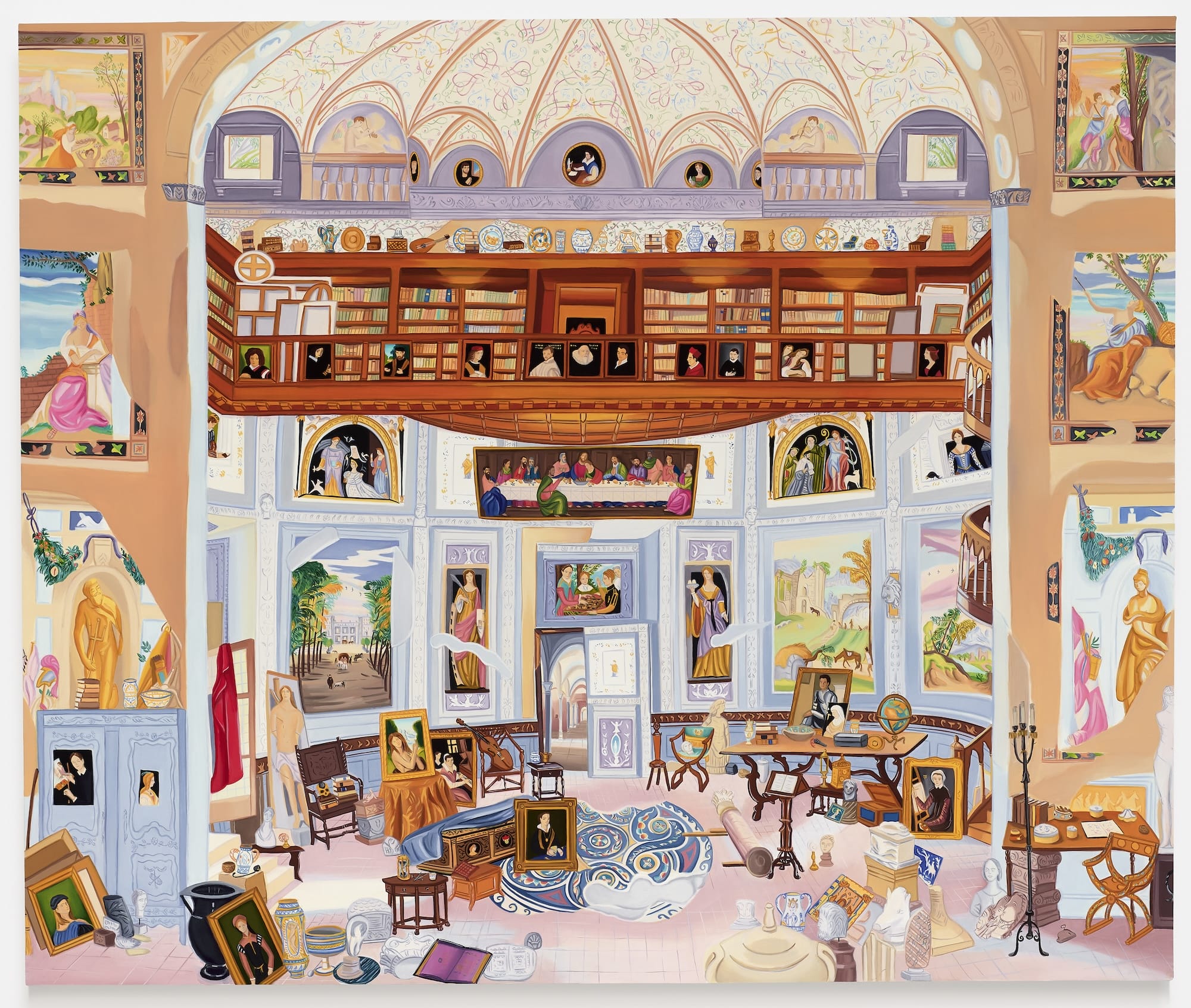 a detailed oil painting of a palatial, aristocratic space filled with paintings and other objects