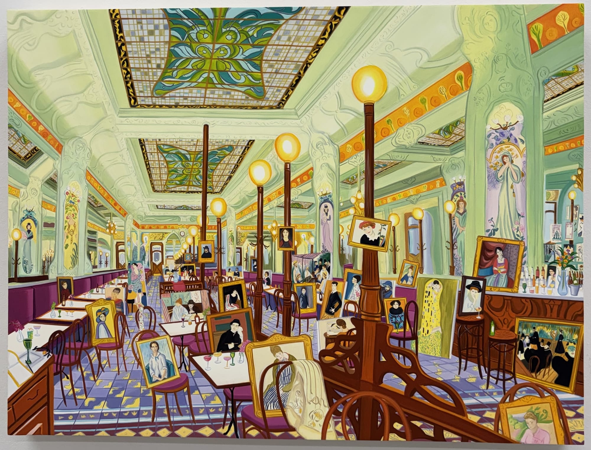 a detailed oil painting of an ornate French cafe filled with paintings and other objects