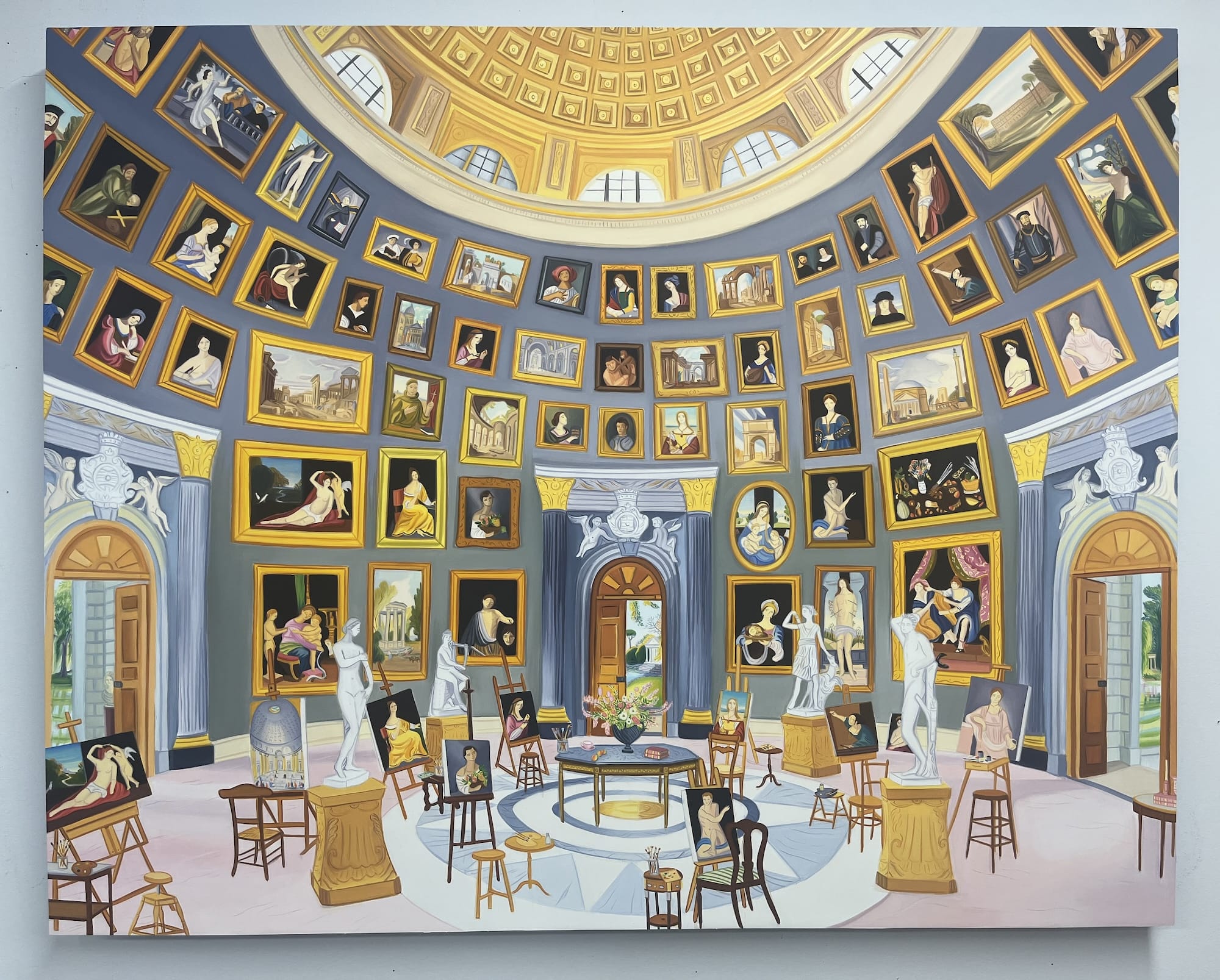a detailed oil painting of a palatial, aristocratic space filled with paintings and other objects