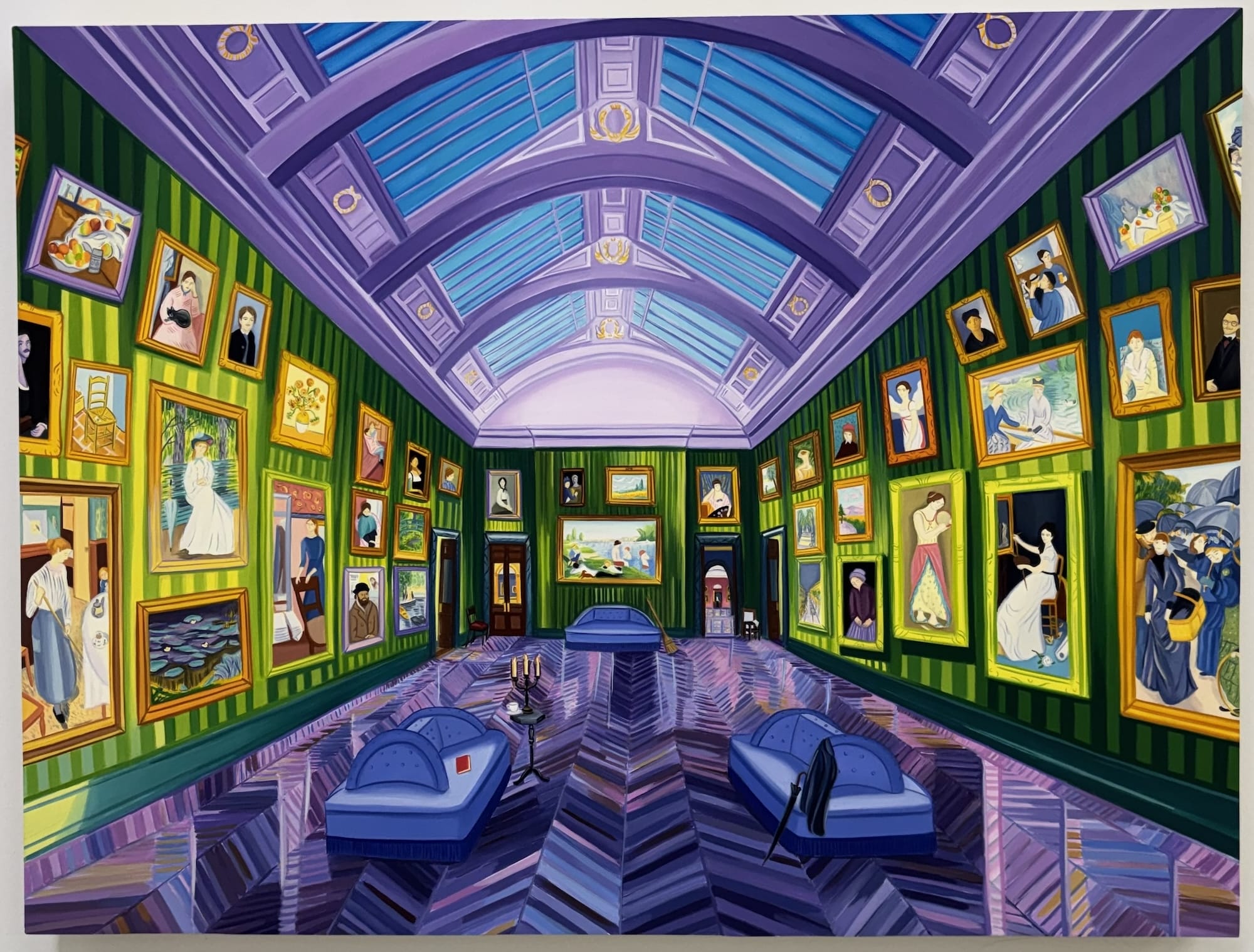 a detailed oil painting of the interior of a long gallery in the National Gallery at night