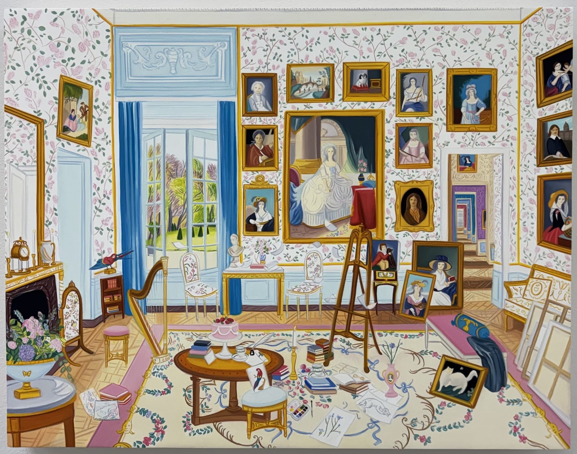 a detailed oil painting of an affluent domestic space filled with paintings and other objects
