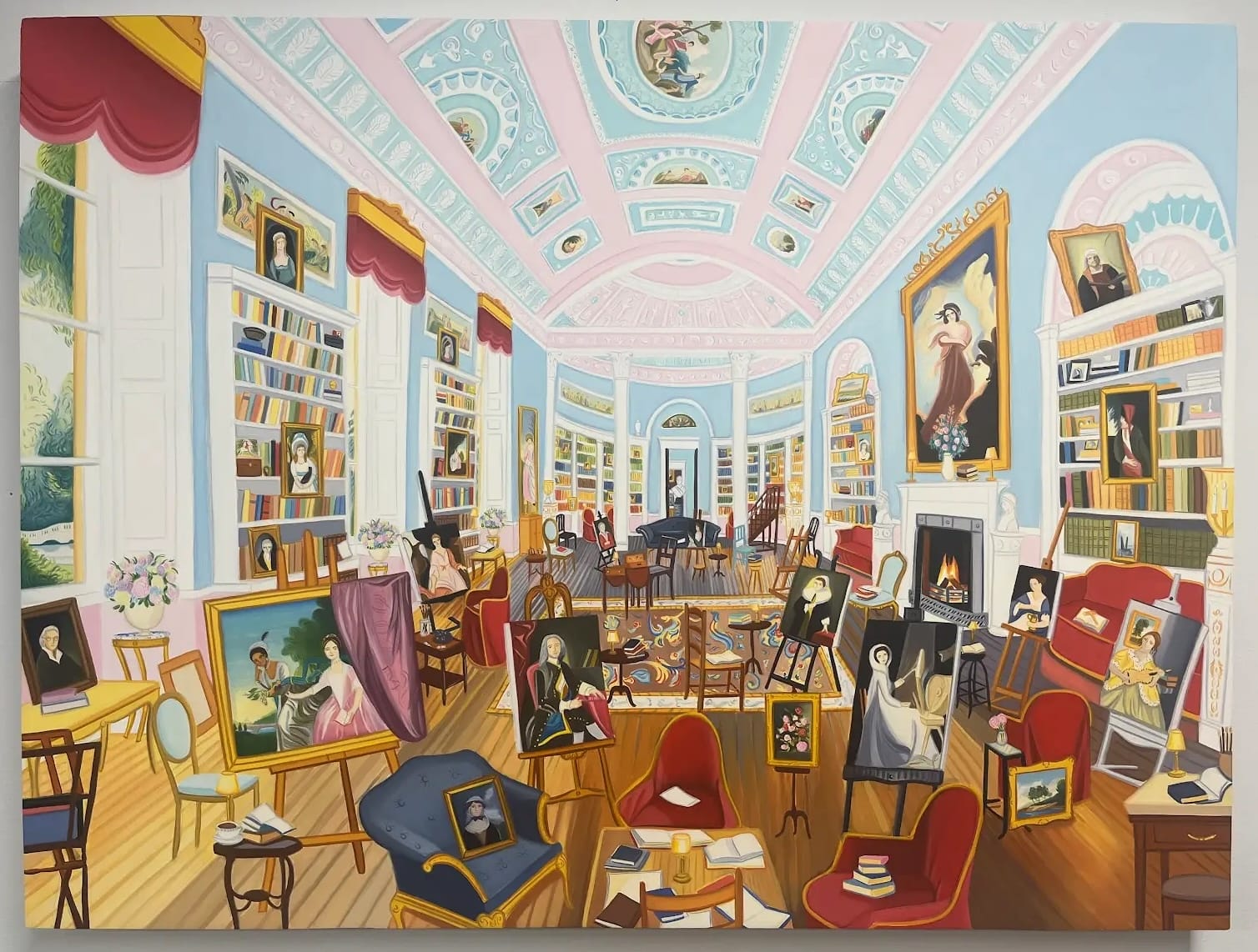 a detailed oil painting of a palatial, aristocratic space filled with paintings and other objects