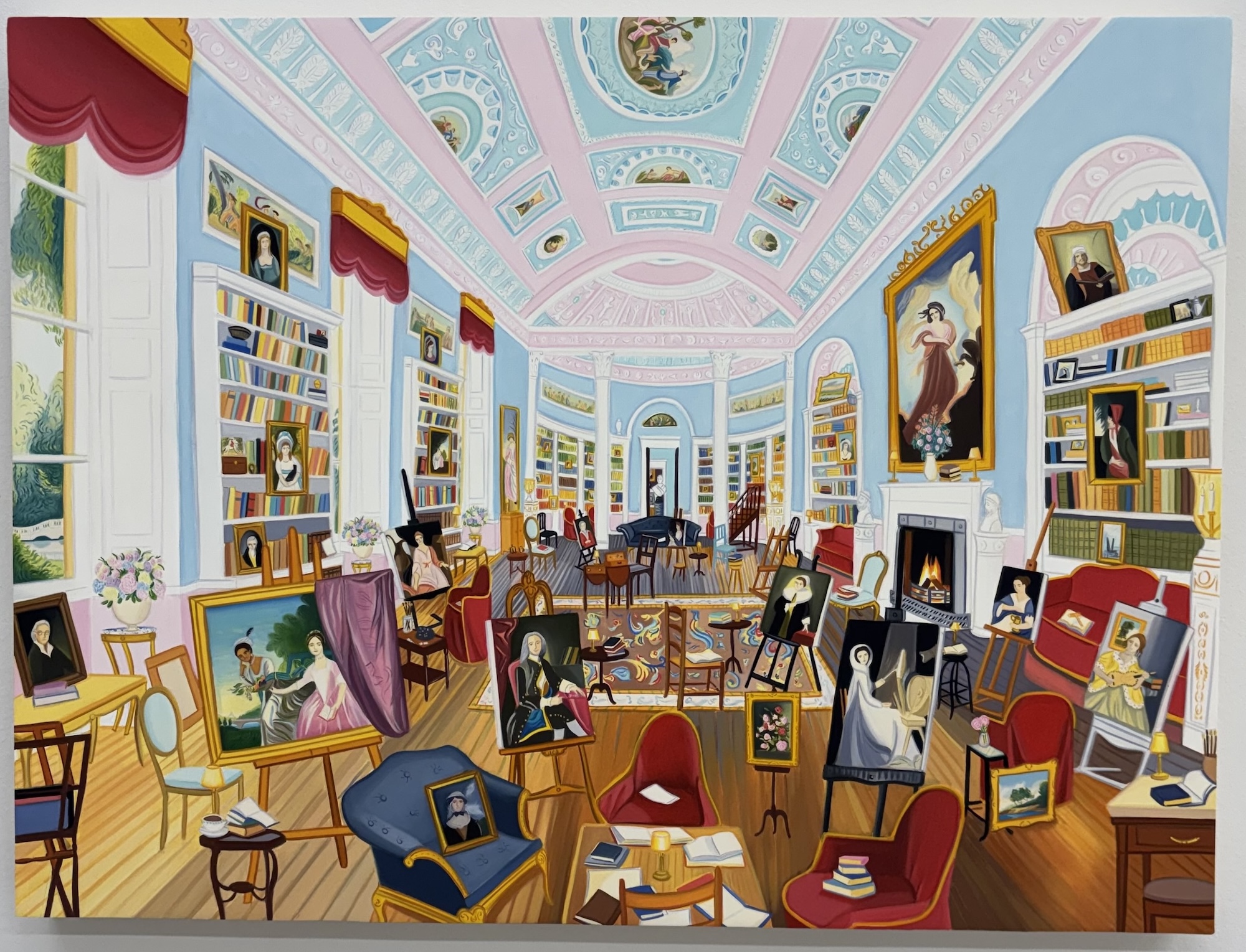 a detailed oil painting of a palatial, aristocratic space filled with paintings and other objects