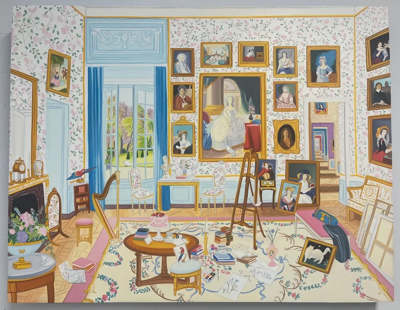 a detailed oil painting of an affluent domestic space filled with paintings and other objects
