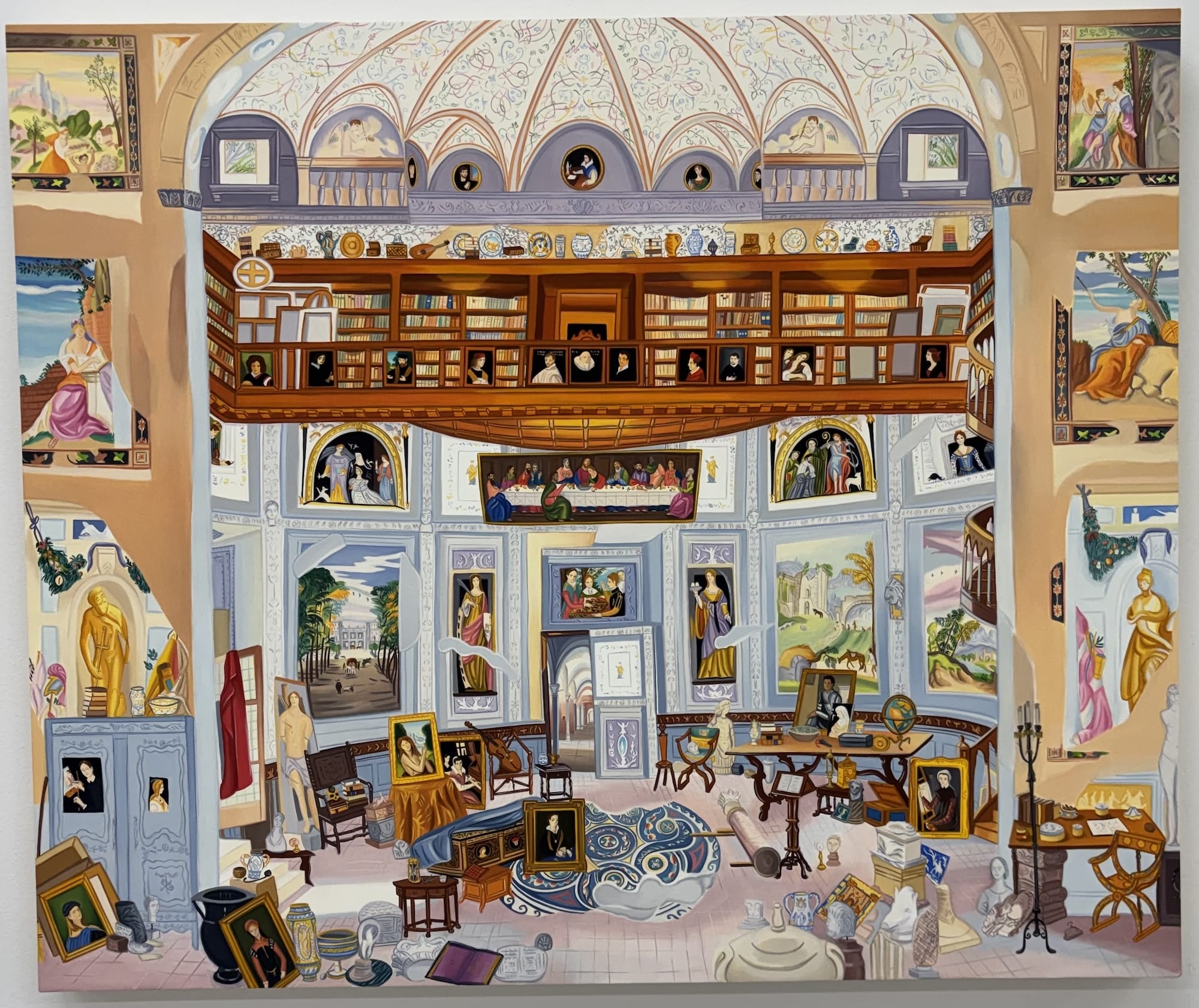 a detailed oil painting of a palatial, aristocratic space filled with paintings and other objects