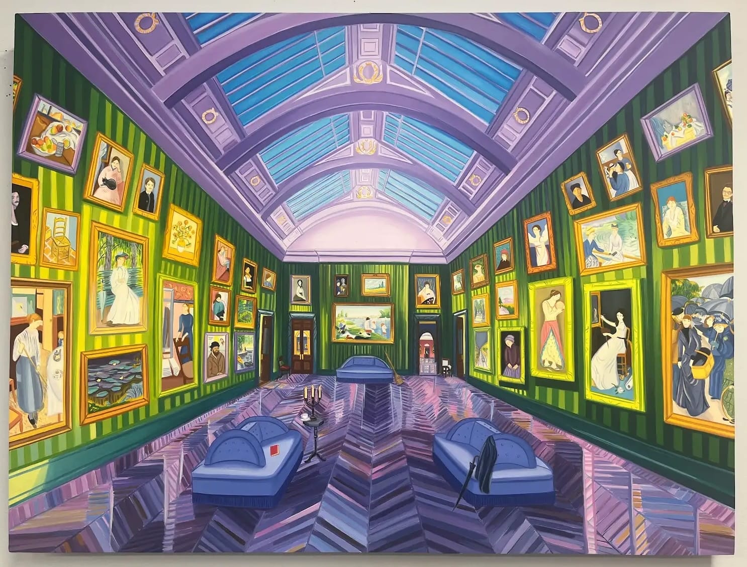 a detailed oil painting of the interior of a long gallery in the National Gallery at night