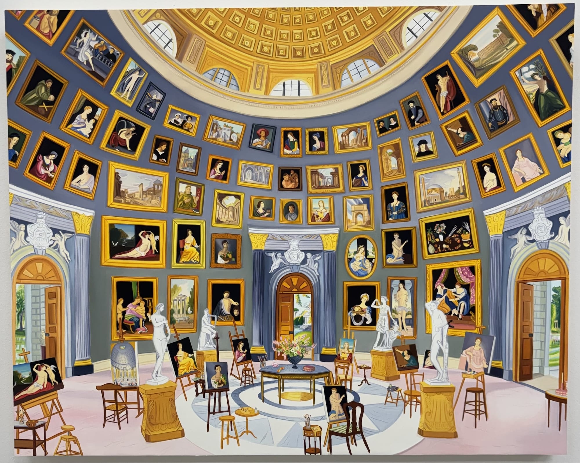 a detailed oil painting of a palatial, aristocratic space filled with paintings and other objects