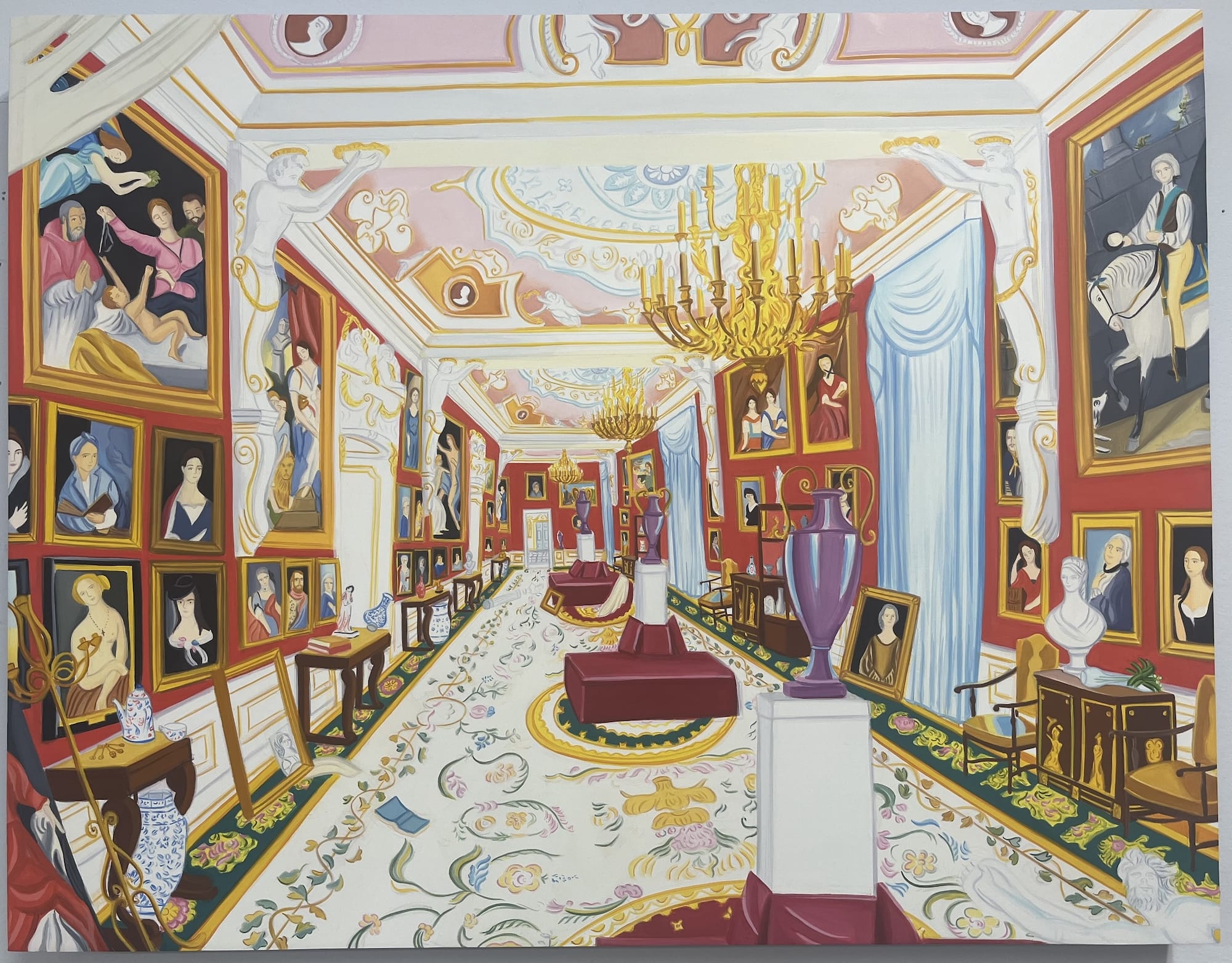 a detailed oil painting of a palatial, aristocratic space filled with paintings and other objects
