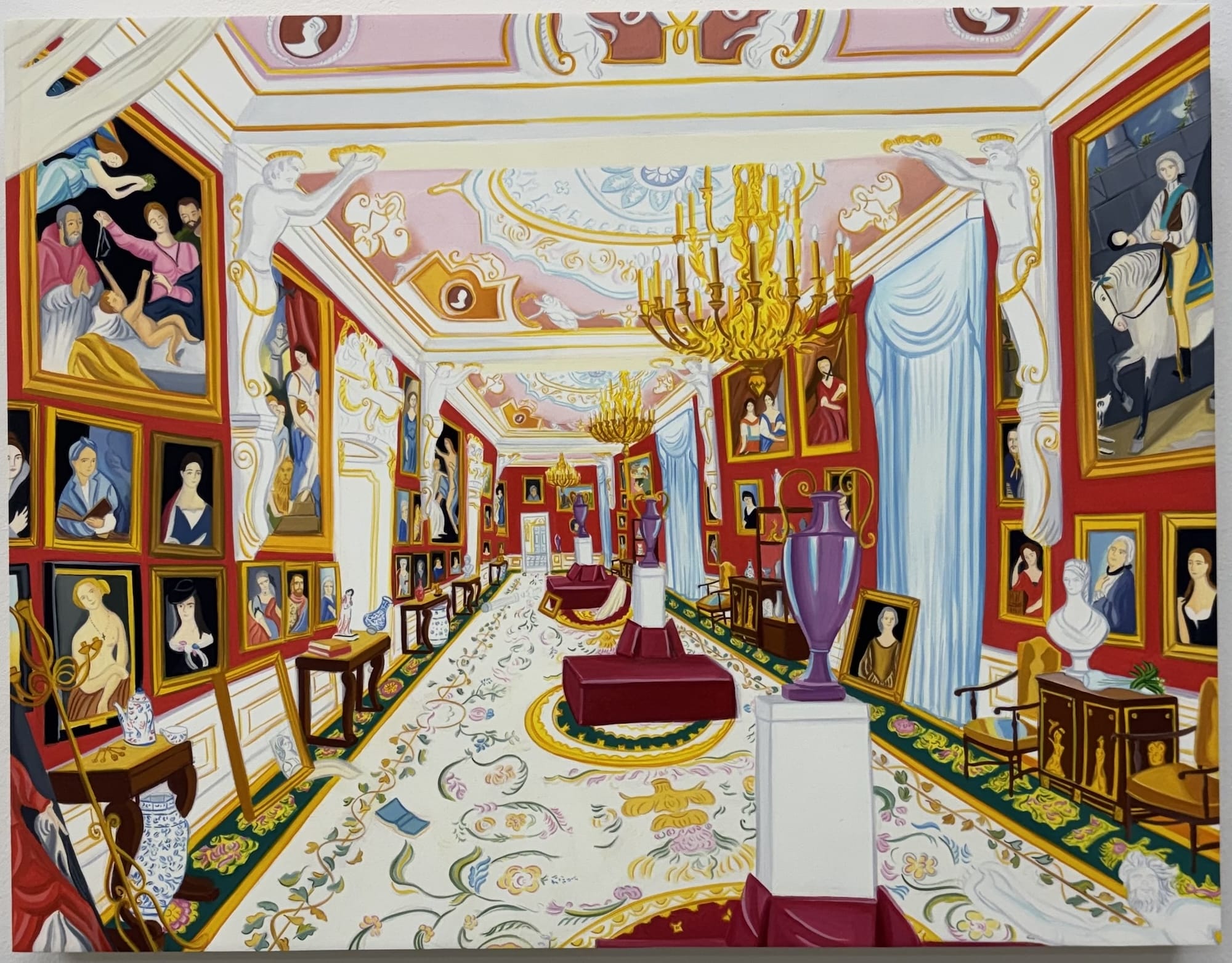 a detailed oil painting of a palatial, aristocratic space filled with paintings and other objects