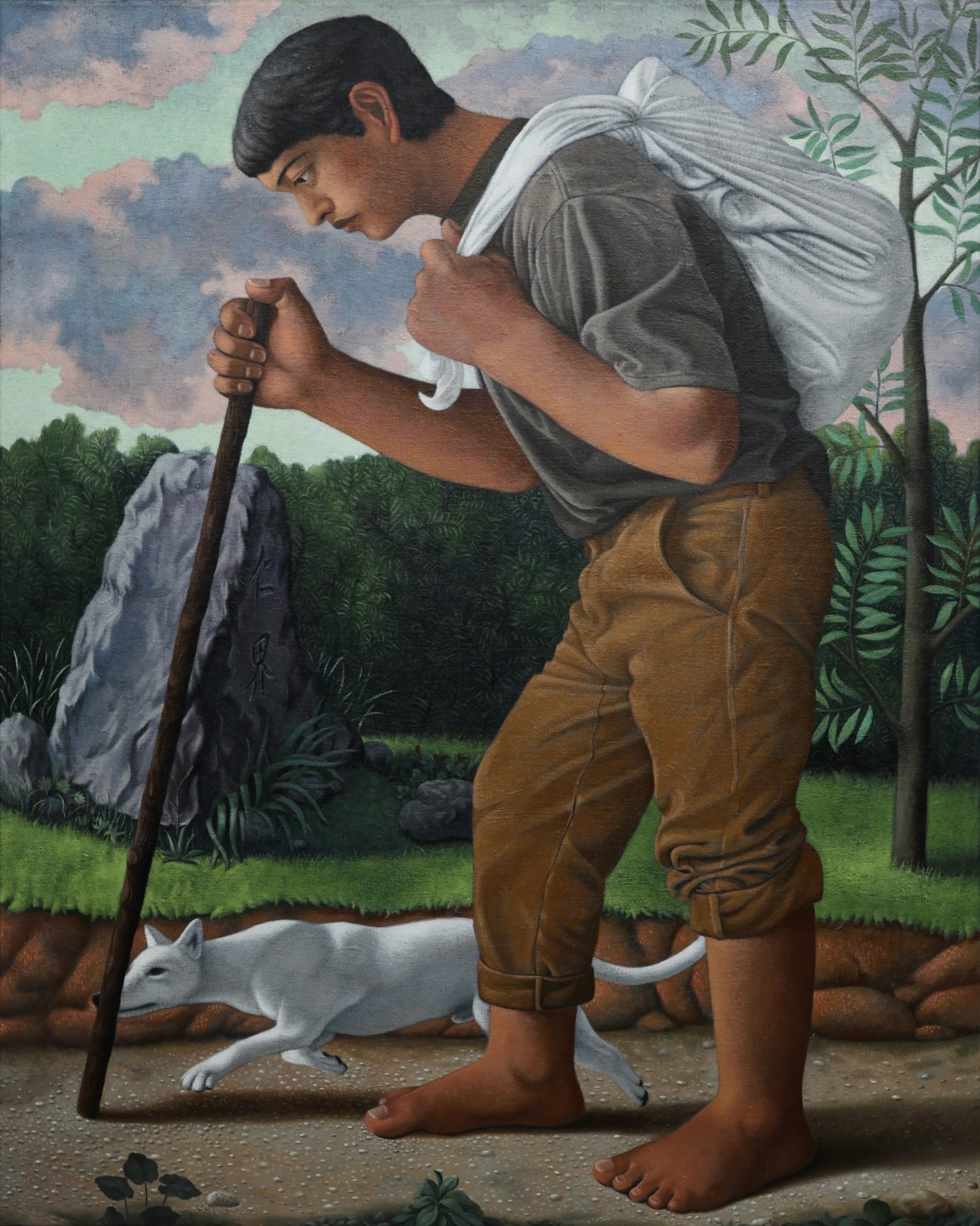 a painting by Tang Shuo of a walking figure wearing a green shirt and brown pants holding a white sack and walking stick. the figure is outdoors with trees in the background and a white dog at its side