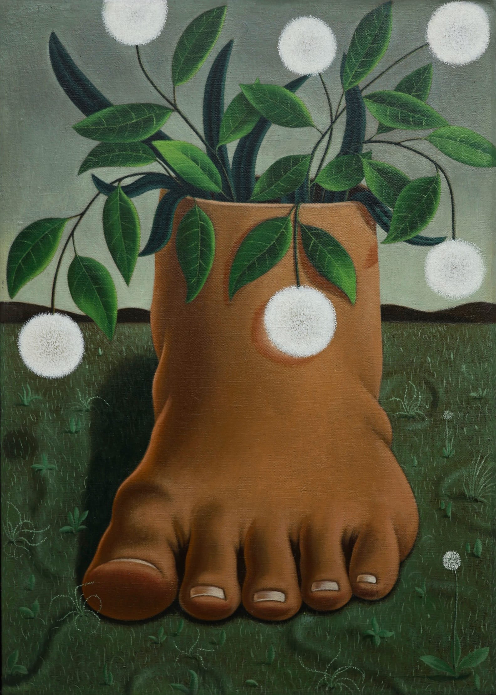 a painting by Tang Shuo of a foot vase holding a plant with white heads