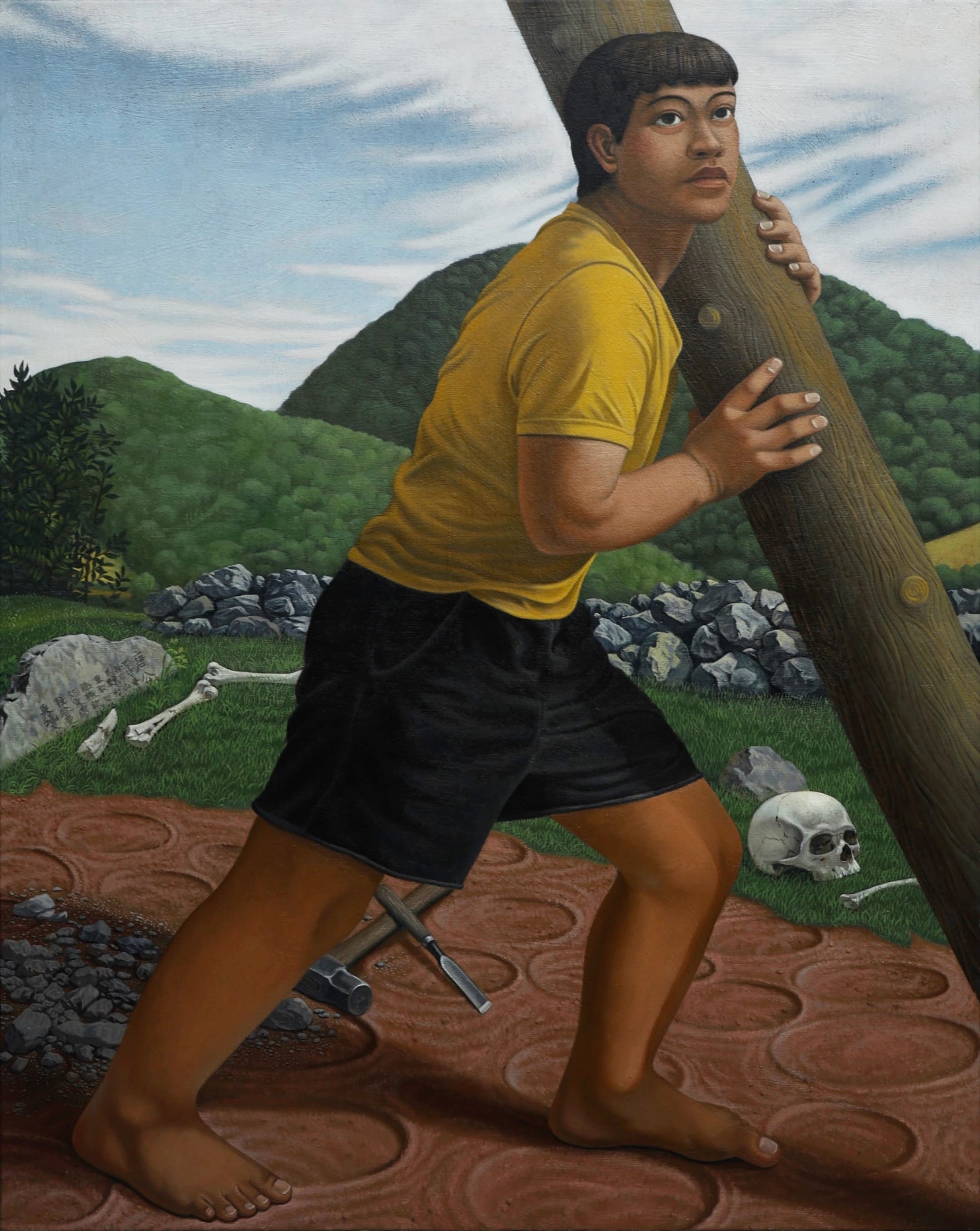 a painting by Tang Shuo of a figure wearing a yellow shirt and black shorts pushing a large tree trunk. the figure is outdoors with trees in the background