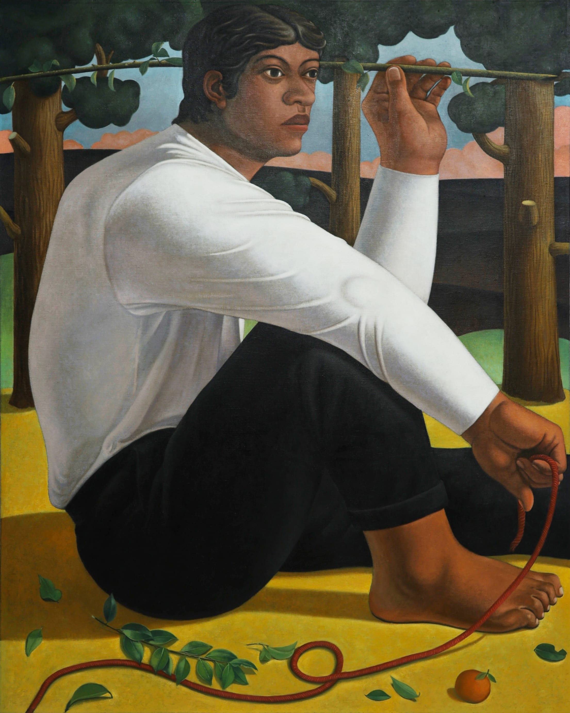 a painting by Tang Shuo of a seated figure wearing a white shirt and black pants holding a red cord. the figure is outdoors with trees in the background