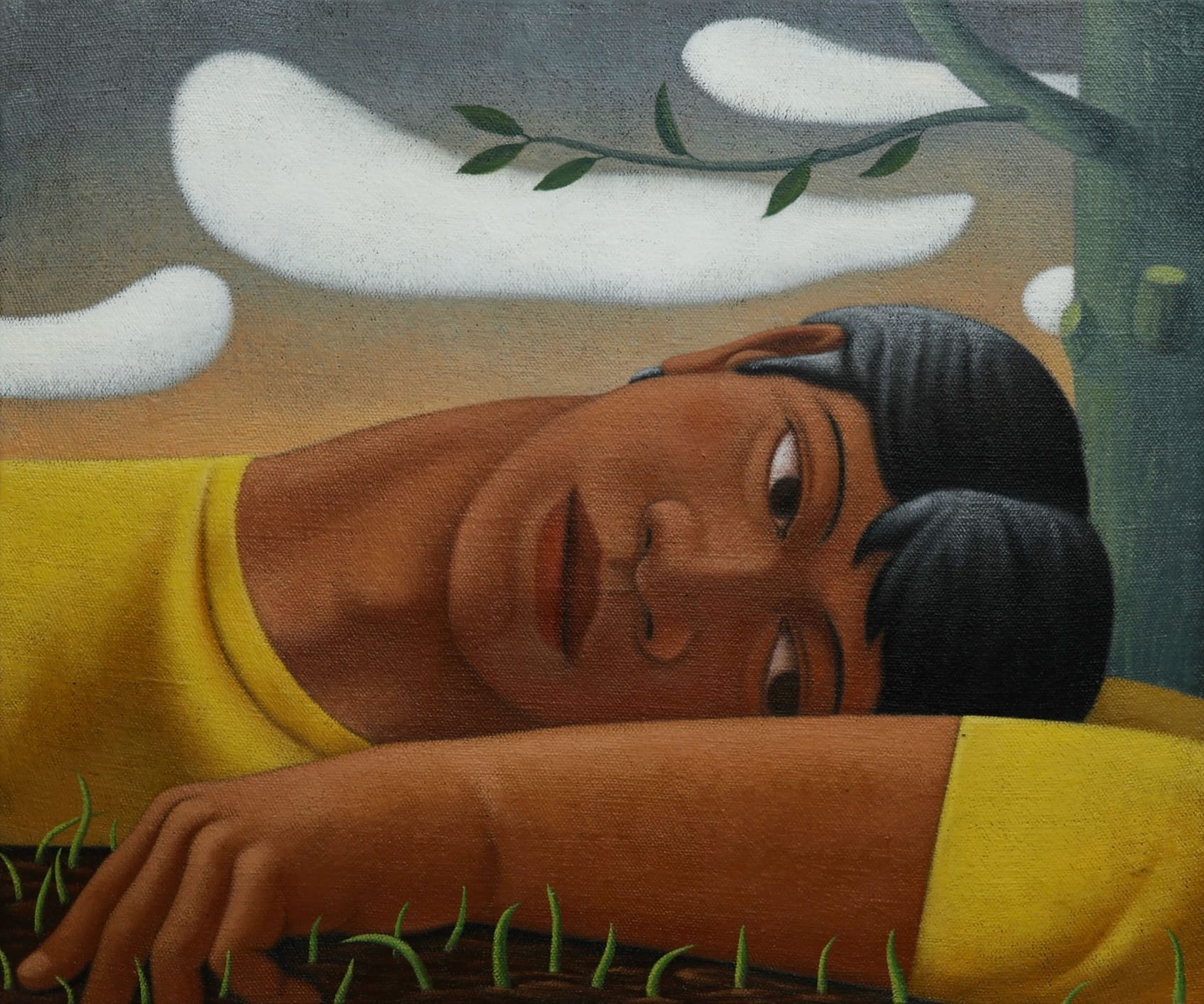 a painting by Tang Shuo of a figure with a yellow shirt lying with their head on their arm in the grass