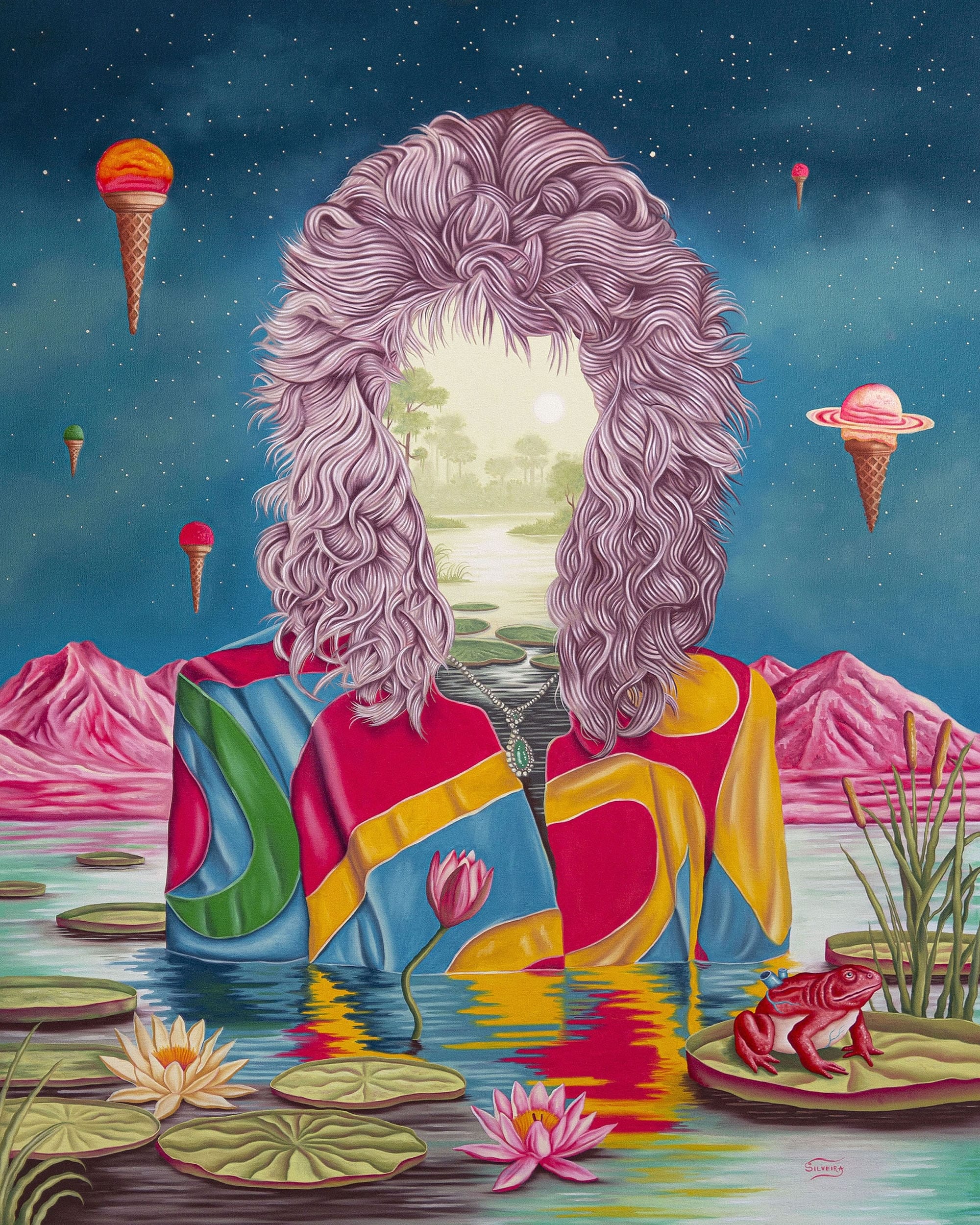a portrait-style painting of a slender figure wearing a vibrant shirt, with shoulder-length purple hair, and instead of a face, a landscape