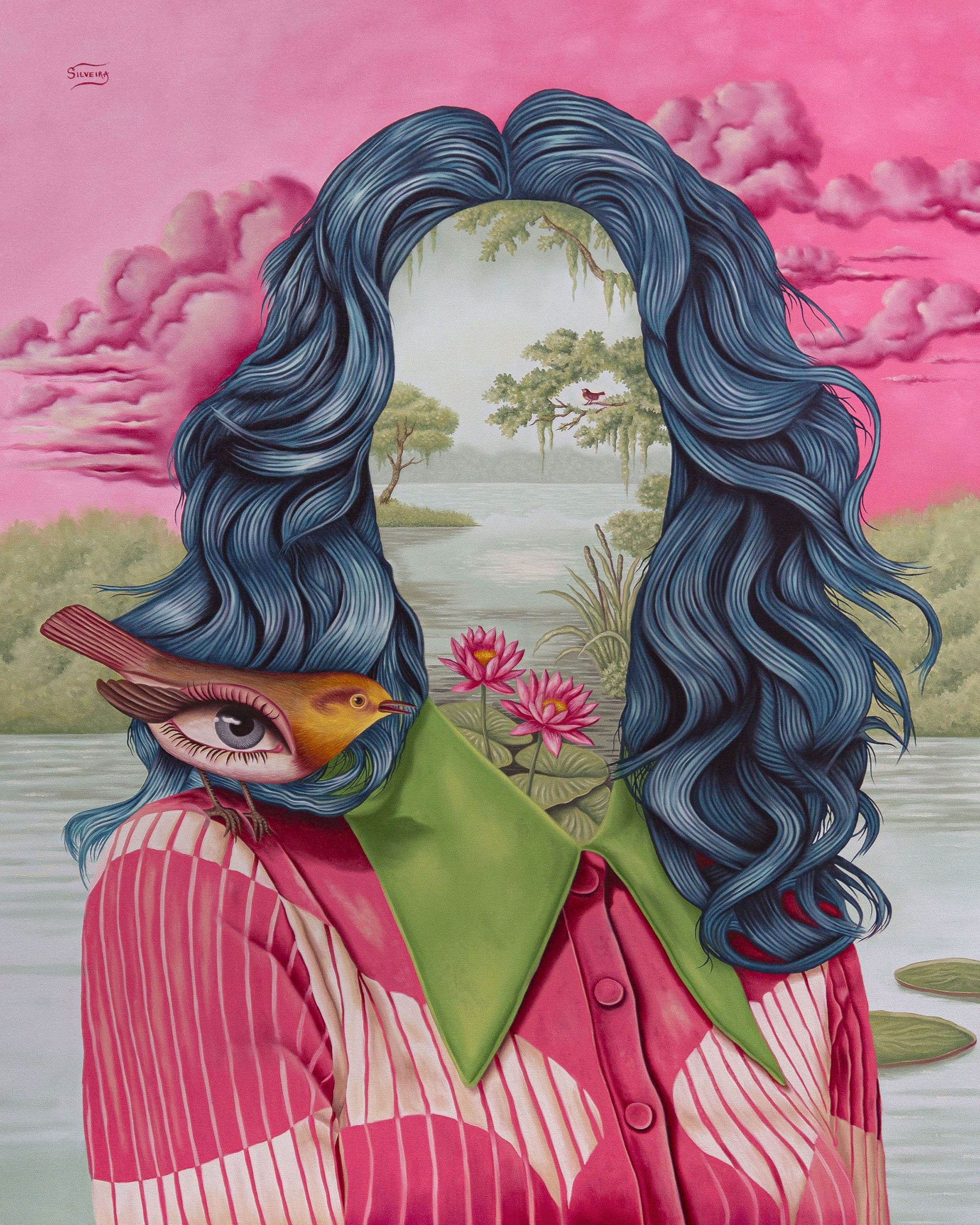 a portrait-style painting of a woman wearing a pink shirt, with shoulder-length hair, and instead of a face, a landscape