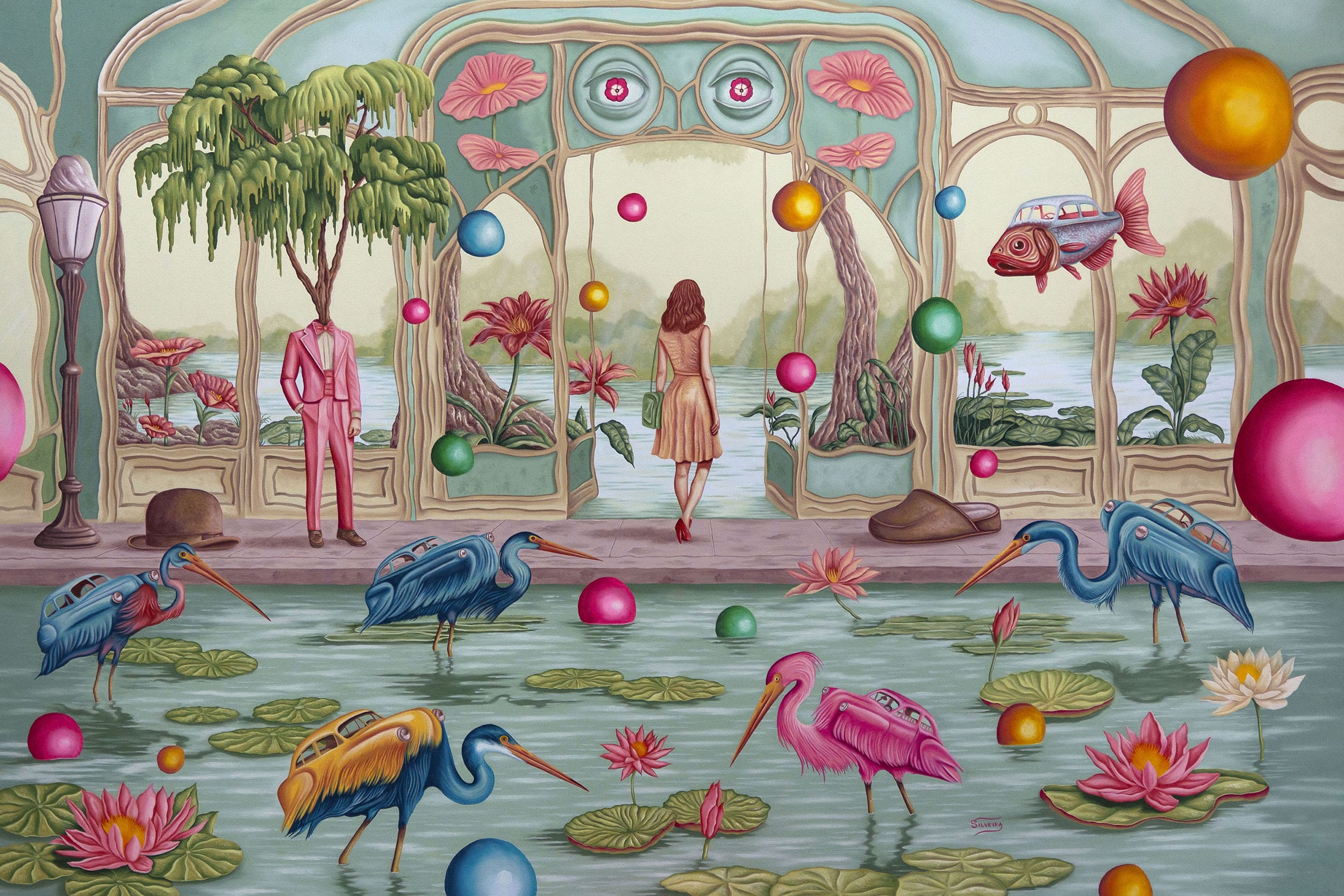 a surreal painting of a landscape with a portal-like gate that a woman walks through, surrounded by strange animals and a man in a pink suit with a tree for a head