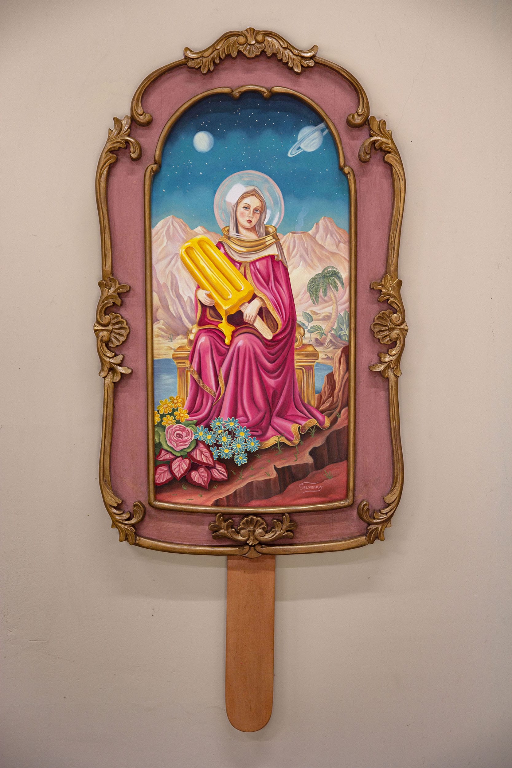 a vertical painting in a hand-carved wooden frame shaped like a popsicle with an image of a woman in the center holding a giant popsicle, inspired by religious paintings