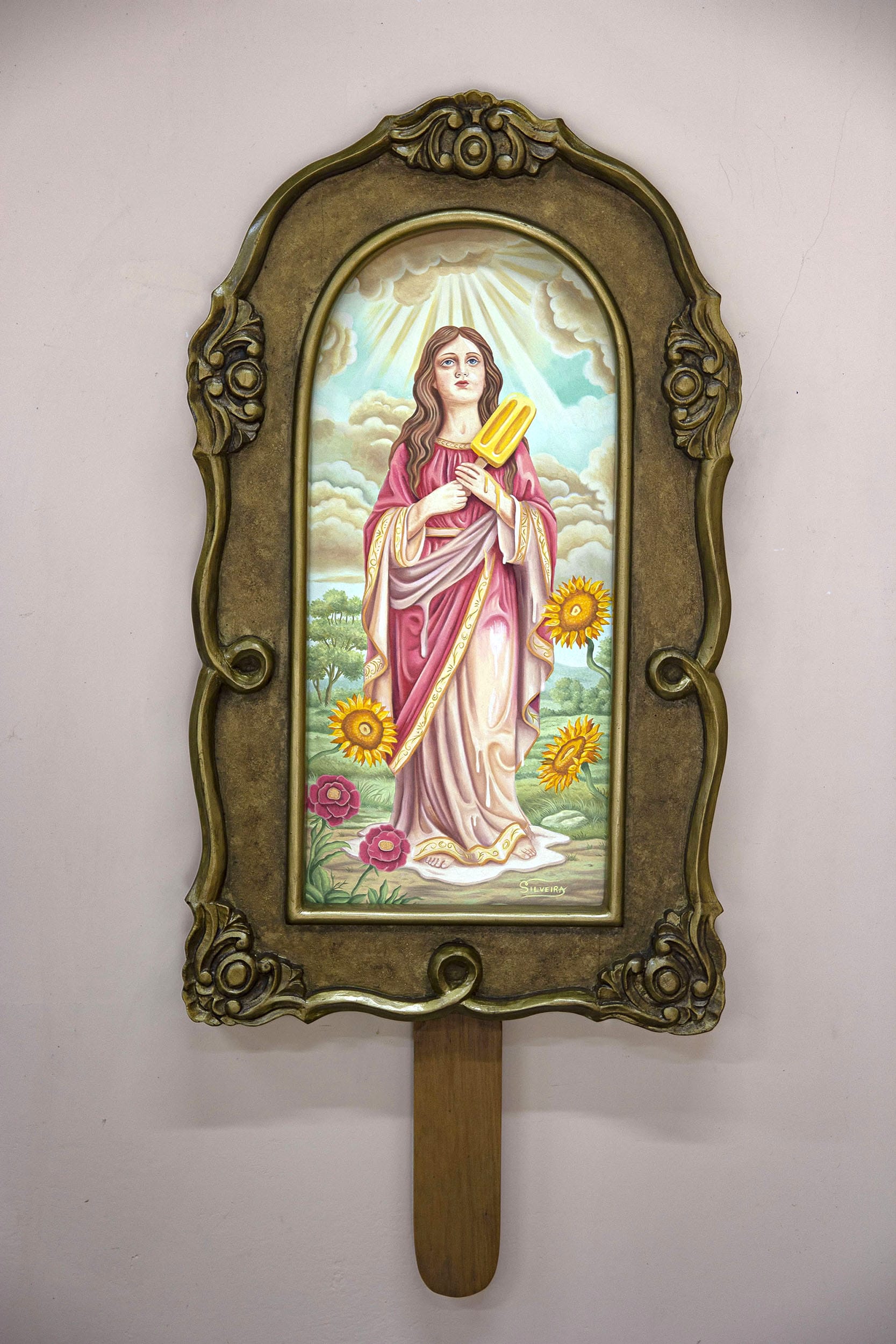 a vertical painting in a hand-carved wooden frame shaped like a popsicle with an image of a woman in the center holding a giant popsicle, inspired by religious paintings