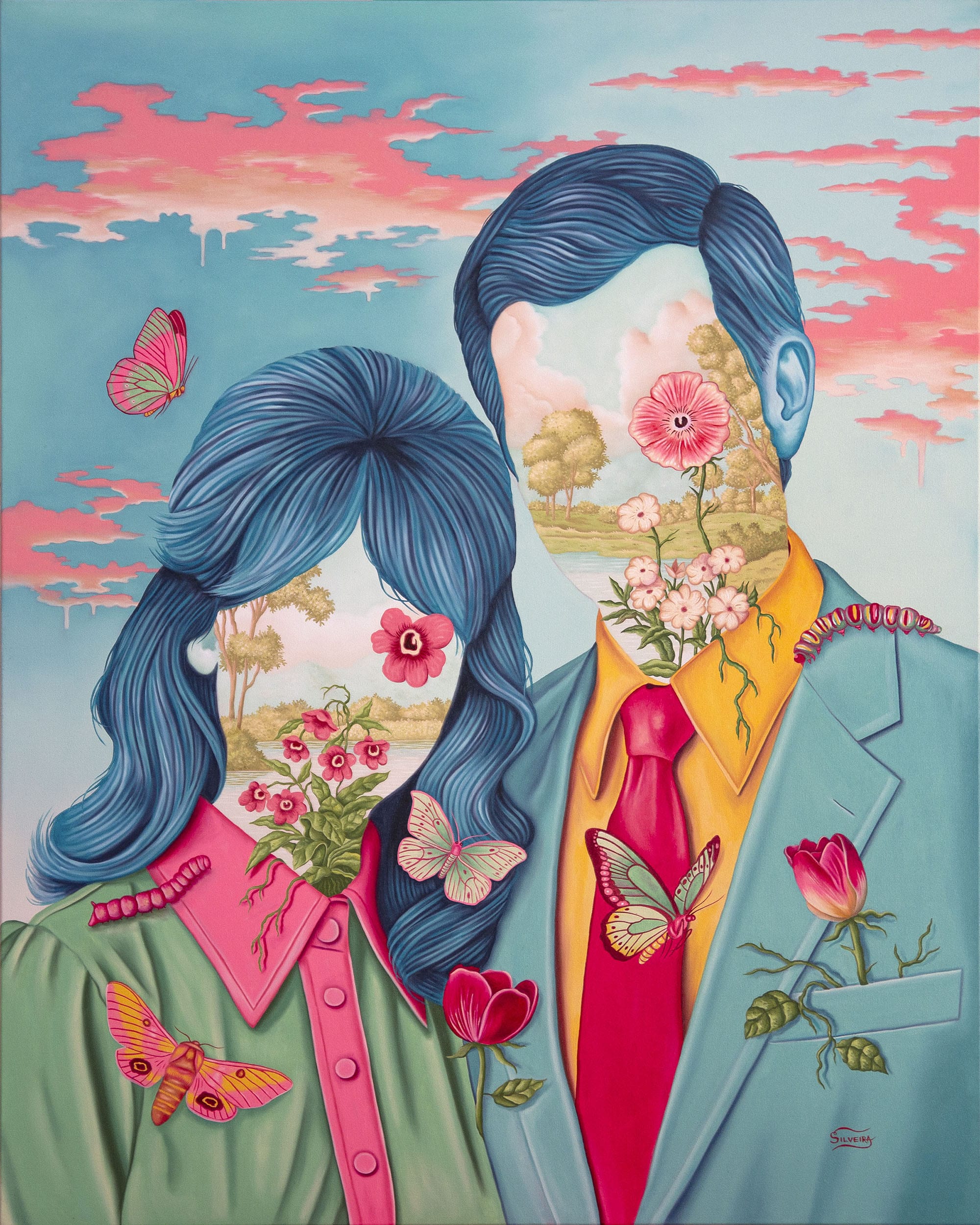 a portrait-style painting of two figures leaning close to one another, each with flowers and blue sky instead of faces