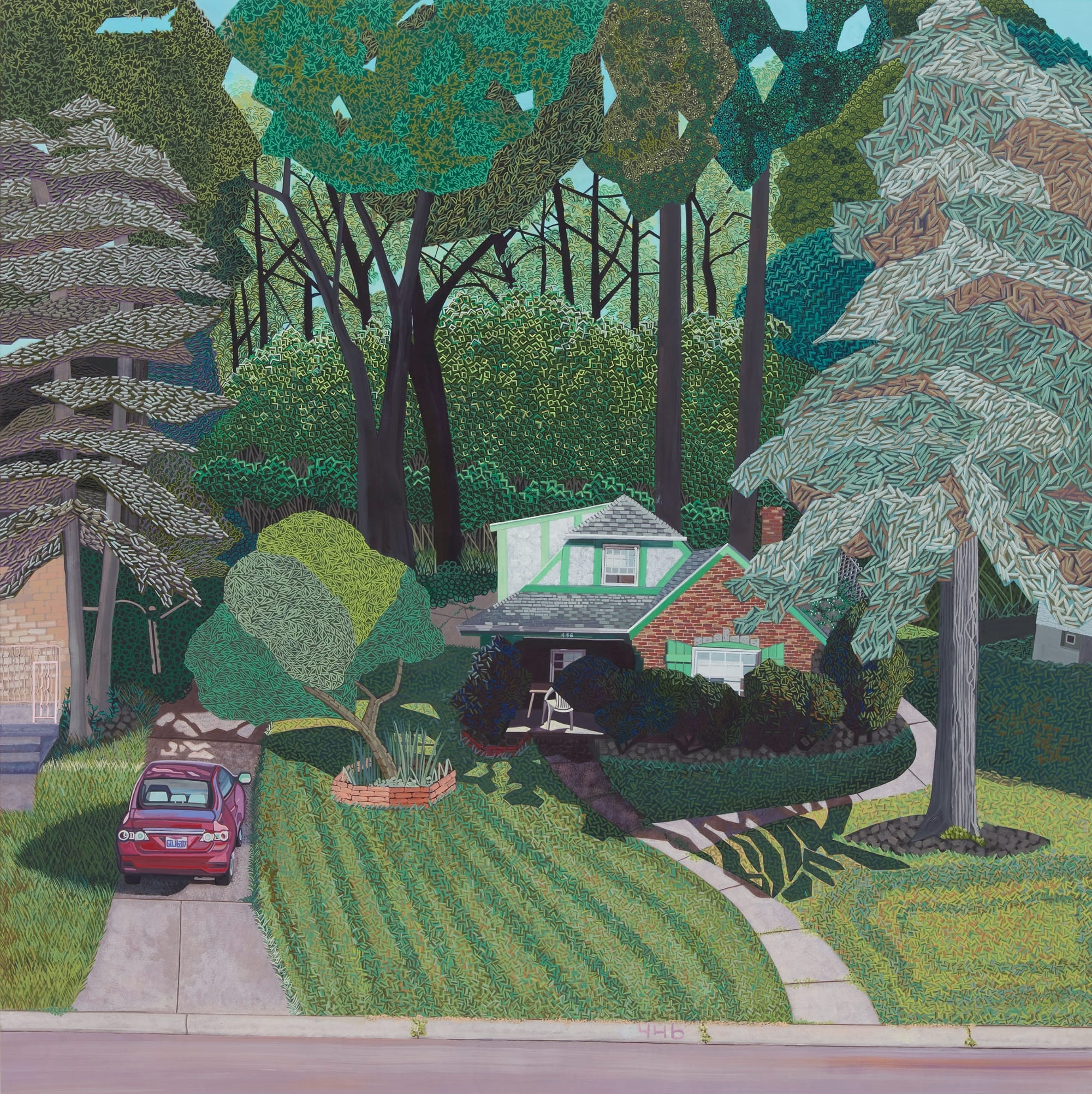 a mixed-media work by Ann Toebbe of a lush landscape and small home tucked in the greenery