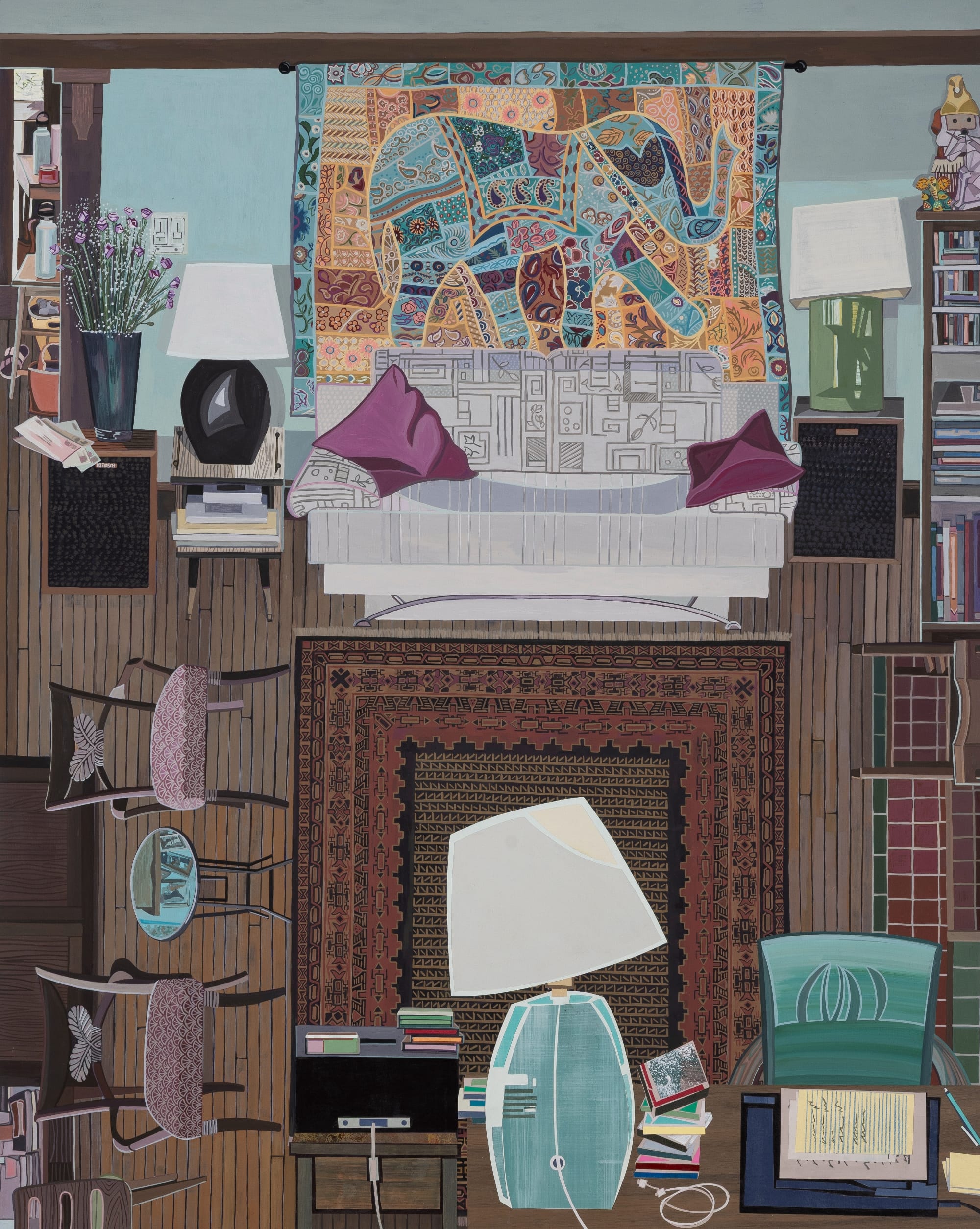 a mixed-media work by Ann Toebbe of a living room viewed aerially with various patterned seating, an elephant tapestry on the wall, and a large rug at the center